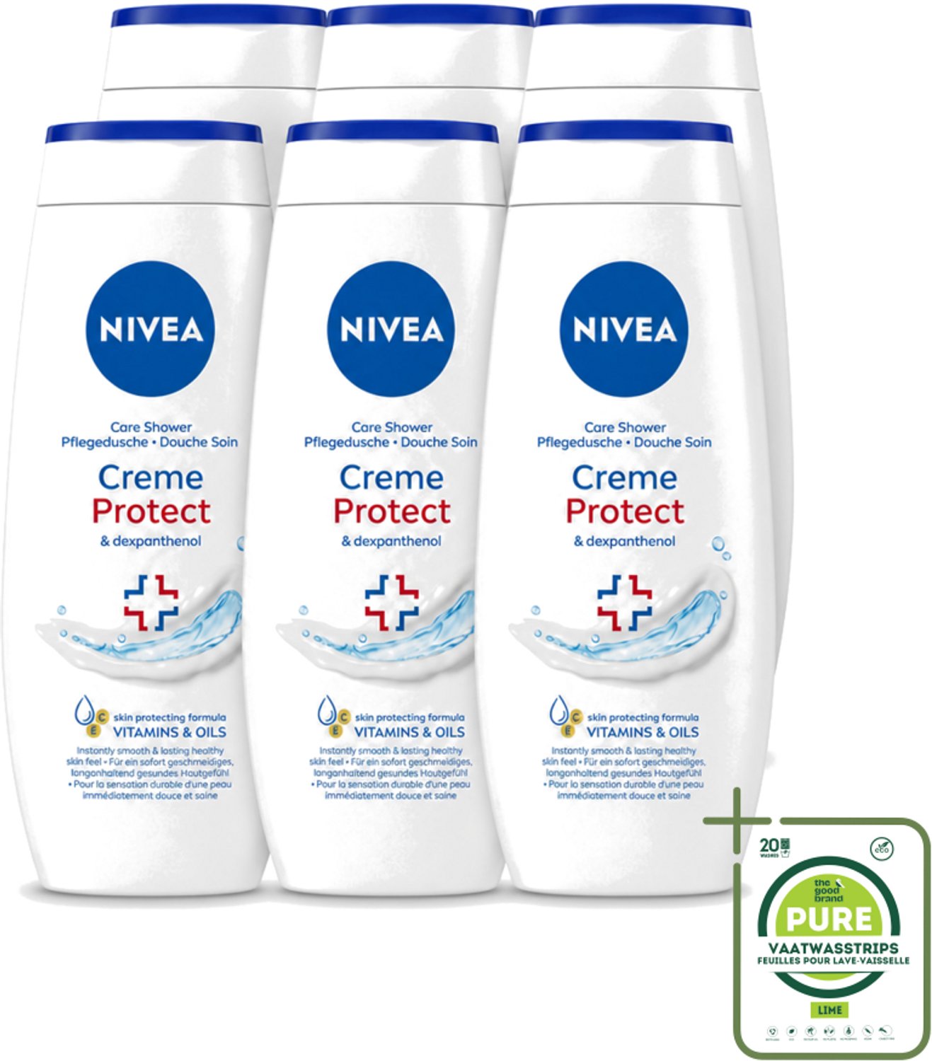 6 x Nivea – Douchecrème – Protect – 250 ml - Grootverpakking - Vaatwasstrips - Douchecrème - Huidverzorging - Huidbescherming - Vitamine C - Vitamine E