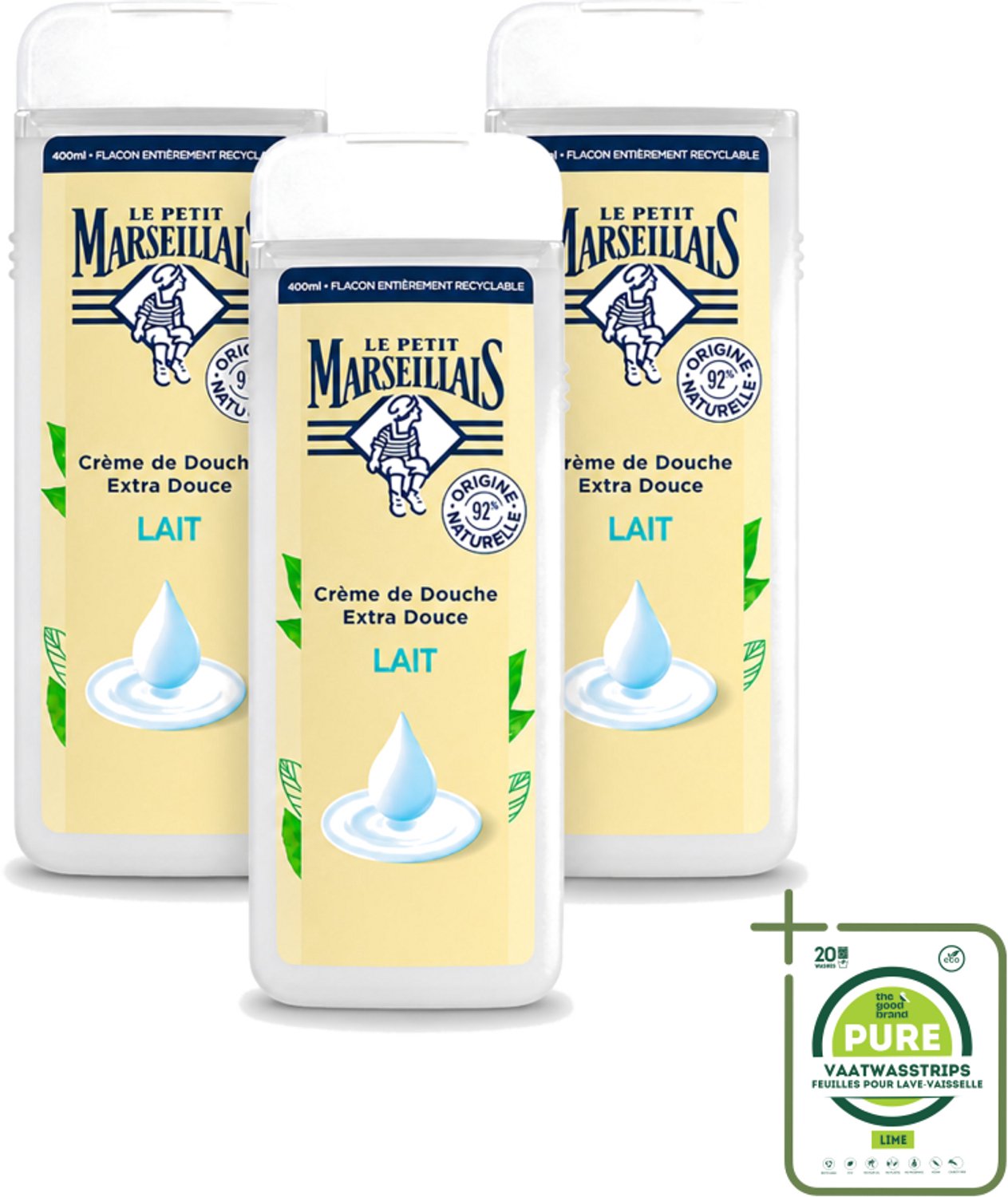3 x Le Petit Marseillais – Douchecrème – Lait – 400 ml - Grootverpakking - Vaatwasstrips - Douchecrème - Huid Verzorging - Hydraterende Douchecrème - Zachte Huid - Natuurlijke Douchecrème
