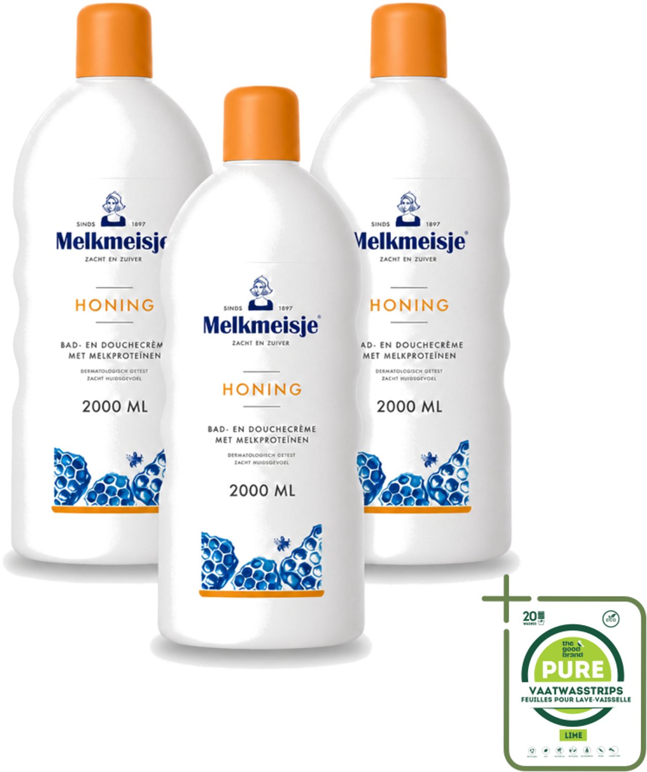 3 x Melkmeisje – Bad & Douche – Honing – 2000 ml - Grootverpakking - Vaatwasstrips - Melkmeisje Bad En Douche - Bad En Douche Crème - Melkproteïnen - Honing - Huid Verzorging
