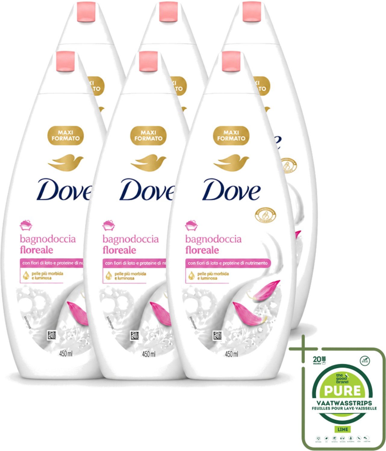 6 x Dove – Douchegel – Lotus Bloem – 450 ml - Grootverpakking - Vaatwasstrips - Douchegel Lotus Bloem - Mild Reinigen - Huid Verzorgen - Hydraterende Douchegel - Lotusbloem Geur