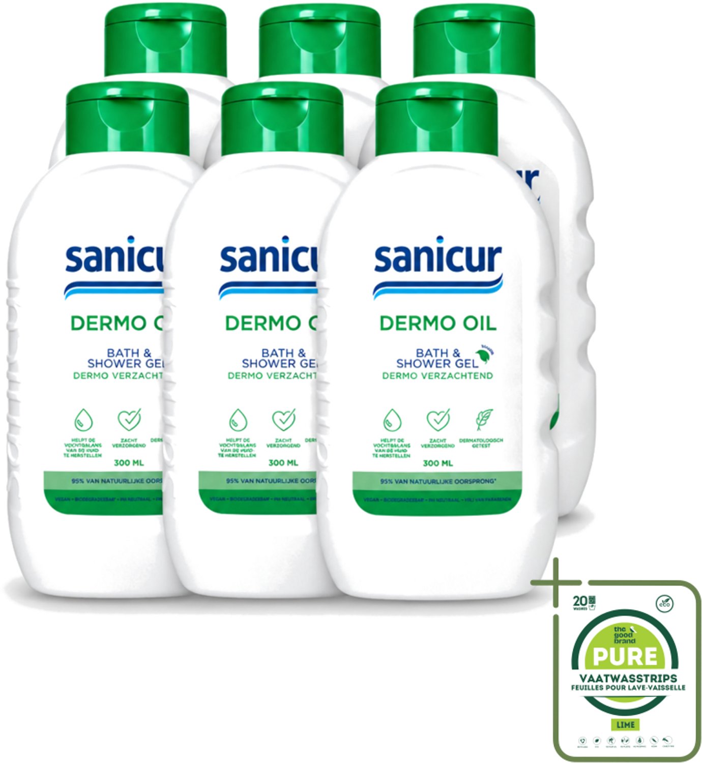 6 x Sanicur – Bad & Douchegel – Dermo-Oil – 300 ml - Grootverpakking - Vaatwasstrips - Bad En Douchegel - Droge Huid - Gevoelige Huid - Voedende Badgels - Huidbarrière