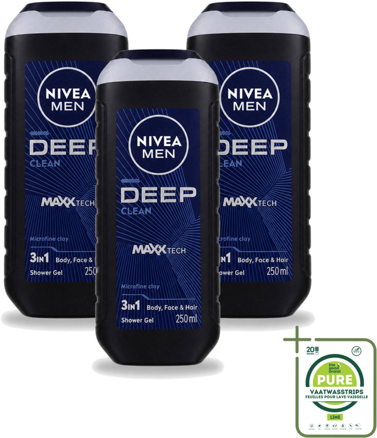 3 x Nivea Men – Douchegel – Deep Clean – 250 ml - Grootverpakking - Vaatwasstrips - Douchegel - Diepe Reiniging - Microfijne Klei - Huid Reinigen - Haar Reinigen
