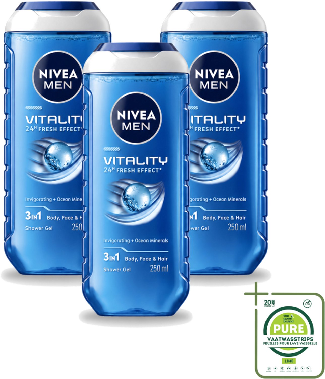 3 x Nivea Men – Douchegel – Vitality 3-in-1 – 250 ml - Grootverpakking - Vaatwasstrips - Douchegel Voor Mannen - Frisheid - Oceaanmineralen - 3-in-1 Douchegel - Huidverzorging