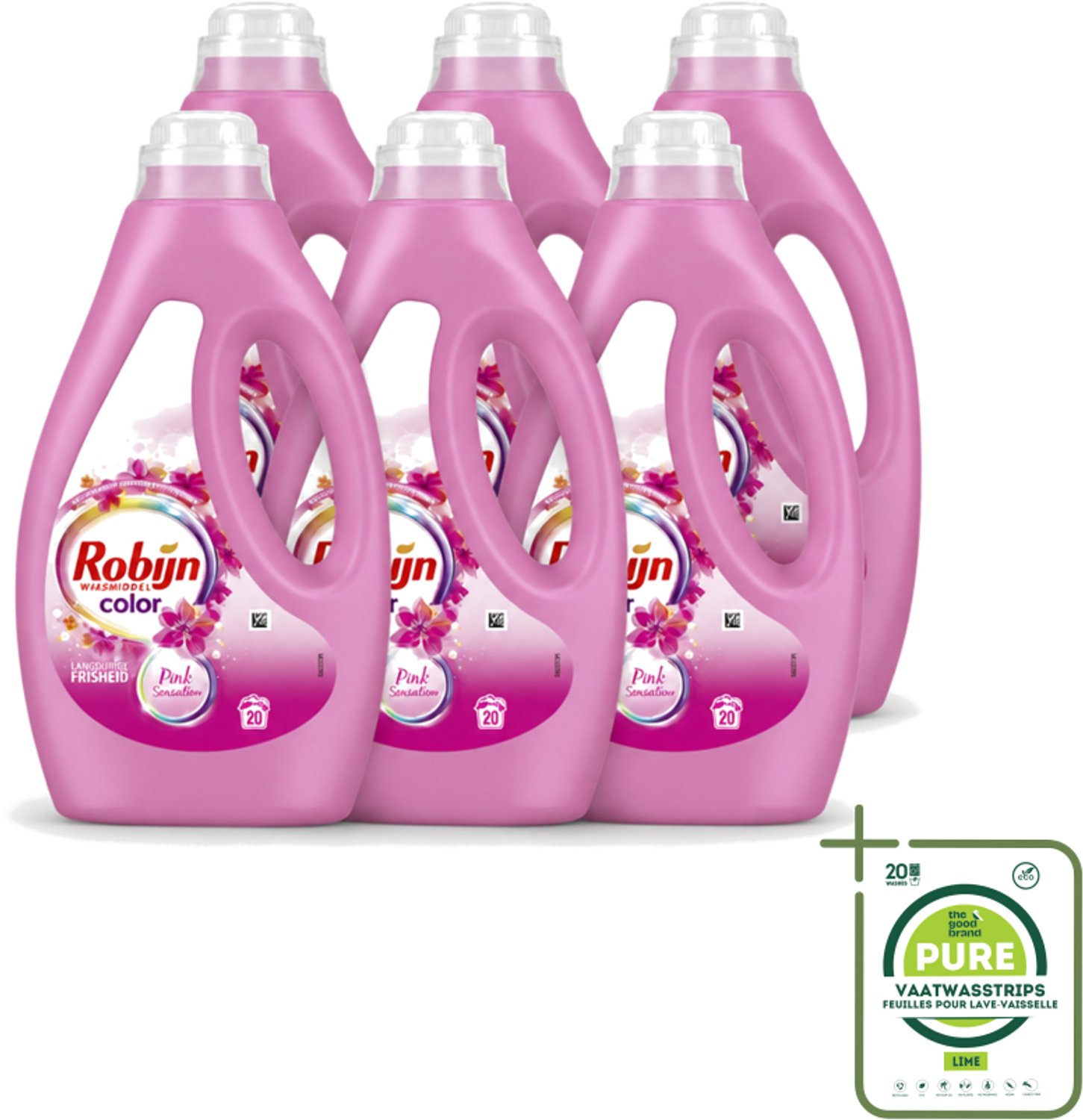6 x Robijn – Vloeibaar Wasmiddel – Color Pink Sensation – 20 wasbeurten - Grootverpakking - Vaatwasstrips - Kleurverzorging - Wasmiddel - Frisheid - Geur - Was