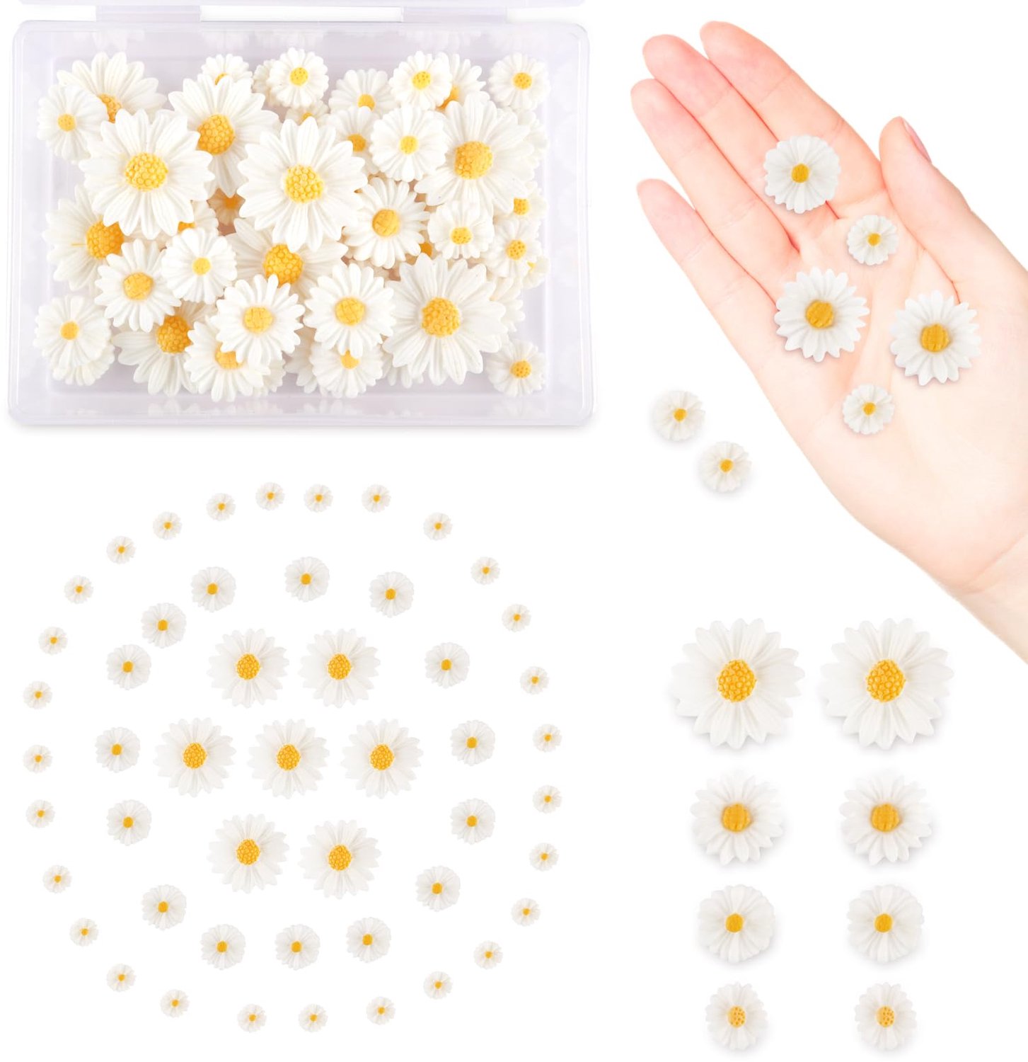 WEFINEST 100 stuks madeliefjesdecoratie, kunstmadeliefjes van hars, taartdecoratie, bloemen, witte strooidecoratie - ShopVlot