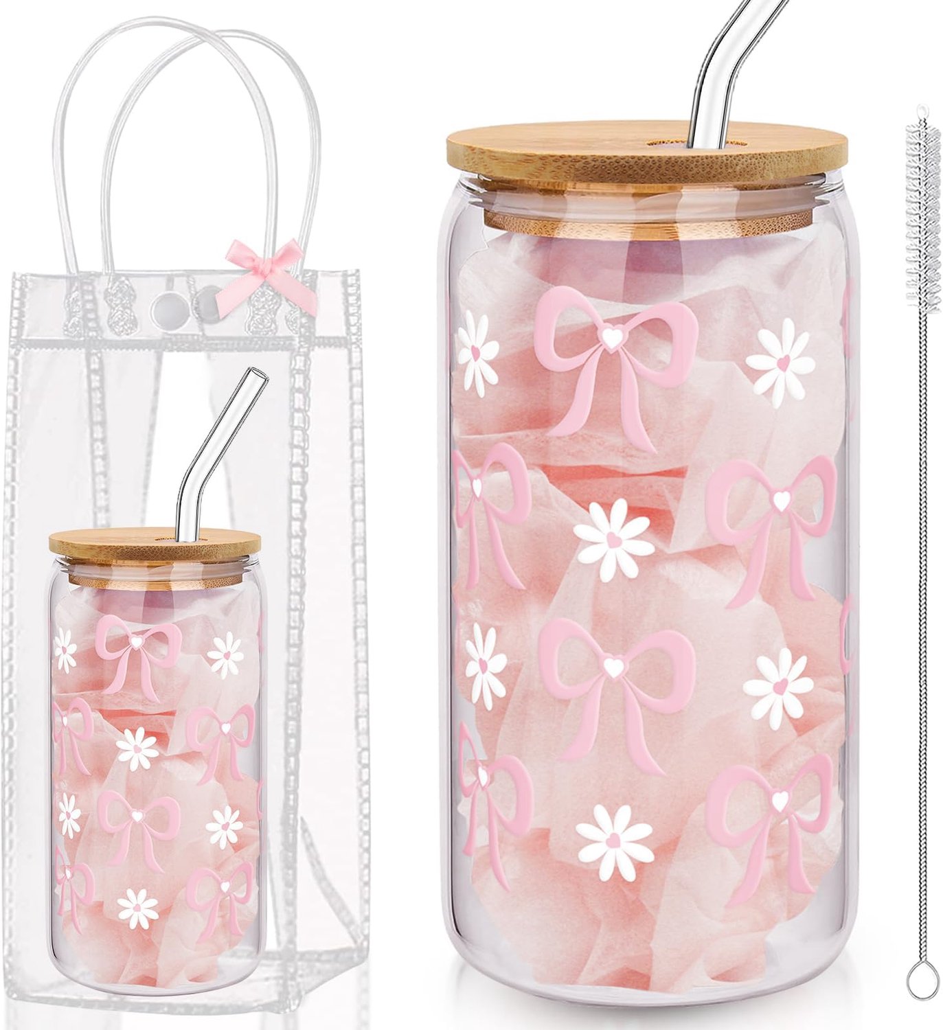 SnelShoppen - 1 stuk 16 oz glazen met deksel en rietje, 1 transparante tas en 1 borstel, Clean Girl, Roze, Aesthetic, Ideaal voor Matcha, Ijskoffie, F