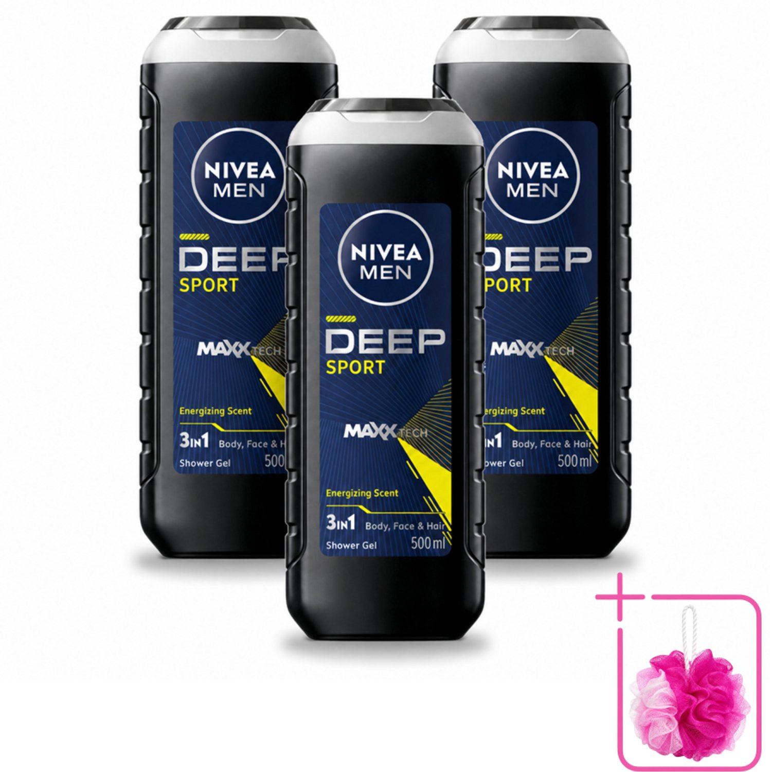3 x NIVEA MEN - Douchegel - Deep Sport - 500 ml - Bulkverpakking - Sportdouchegel - Douchemop - Mannelijke douchegel