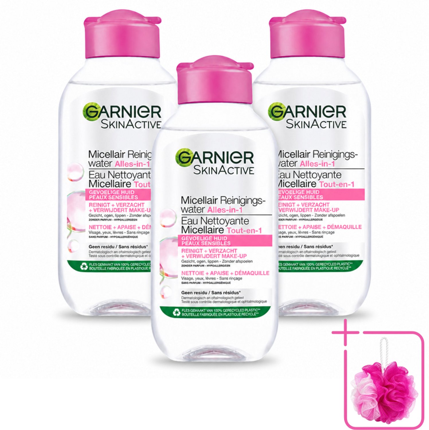 3 x Garnier - SkinActive - Micellair Reinigingswater - Gevoelige Huid - Reisformaat - 100 ml - Bulkverpakking - Micellair reinigingswater - Douchemop - Gevoelige huid