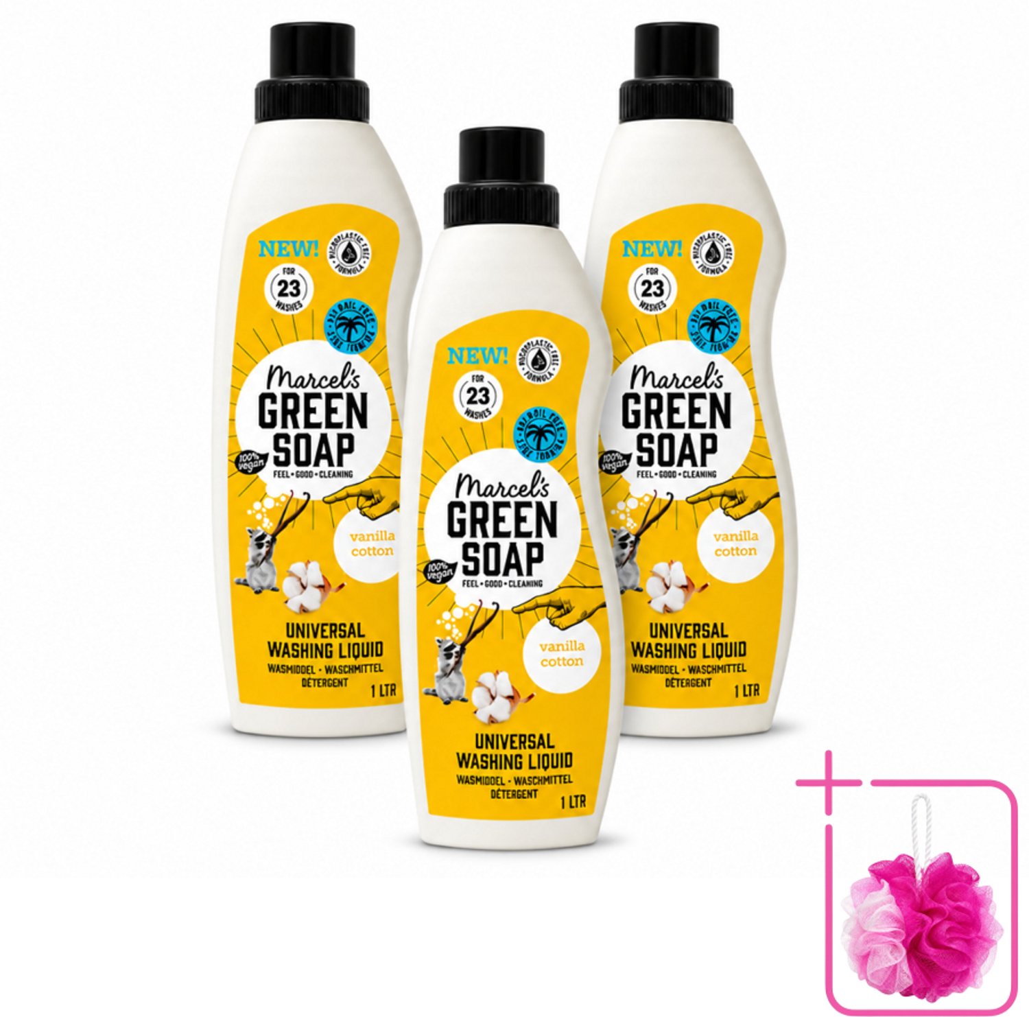 3 x Marcel's Green Soap - Vloeibaar Wasmiddel - Katoen & Vanille - Effectief & natuurlijk - 23 Wasbeurten - 1 Liter - Bulkverpakking - Wasmiddel - Douchemop - Natuurlijke zeep