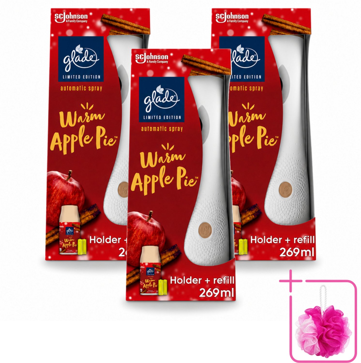 3 x Glade - Houder Automatische Spray - Warme Appeltaart Limited Edition - 269 ml - Bulkverpakking - Warm apple pie geur - Douchemop - Automatische geur