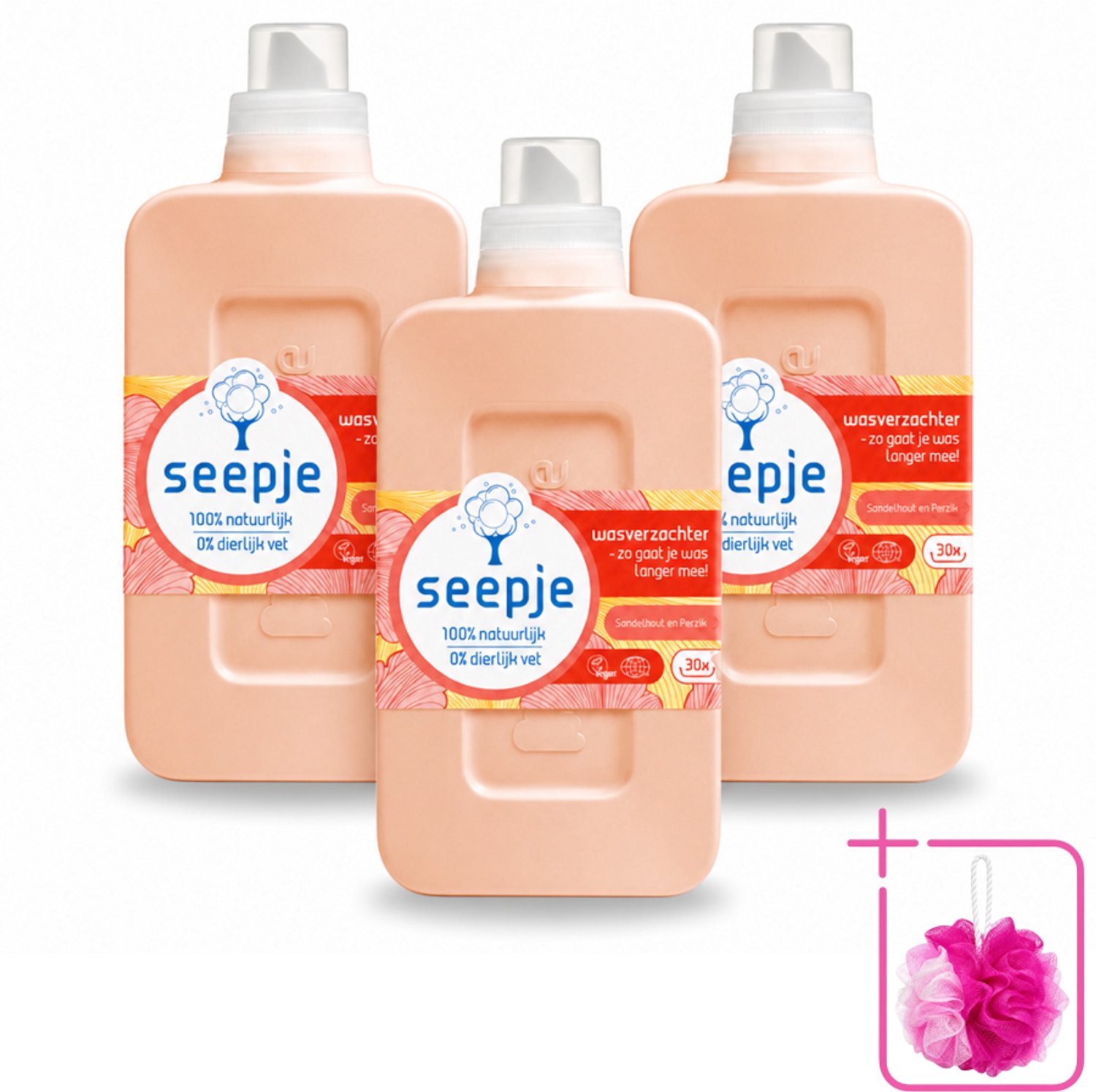 3 x Seepje - Wasverzachter - Verzorgt en Verfrist - Sandelhout en Perzik - 30 Wasbeurten - 750 ml - Bulkverpakking - Wasverzachter - Douchemop - Natuurlijke wasverzachter