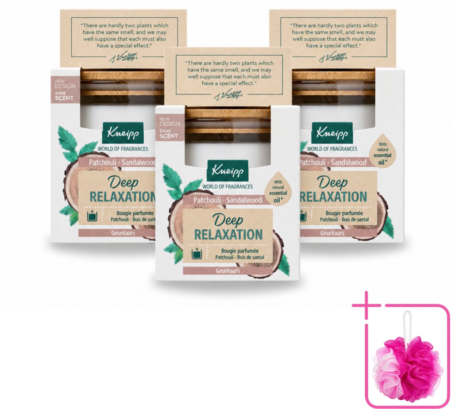 3 x Kneipp - Geurkaars - Deep Relaxation - Sandelhout & Patchouli - 20 branduren - Bulkverpakking - Geurkaars - Douchemop - Ontspanning