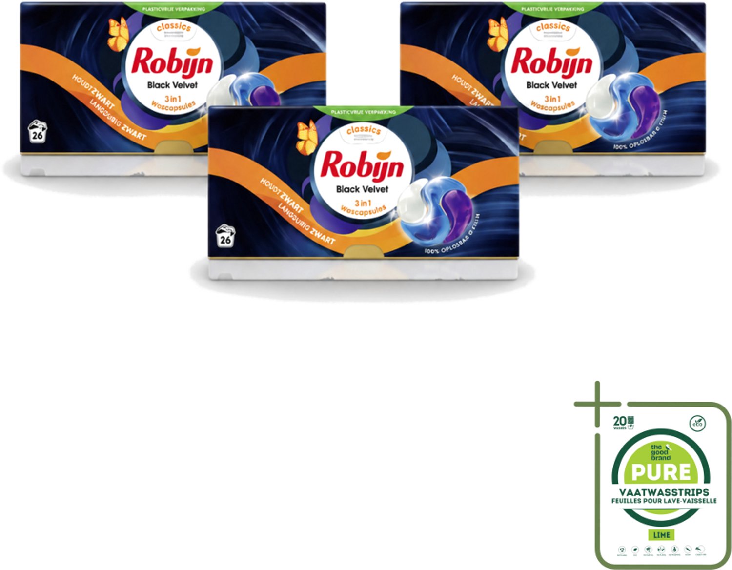 3 x Robijn – 3-in-1 Wascapsules – Black Velvet - 26 Capsules - Grootverpakking - Vaatwasstrips - Zwarte Was - Donkere Was - Wascapsules - Wasbeurten - Wasverzachter