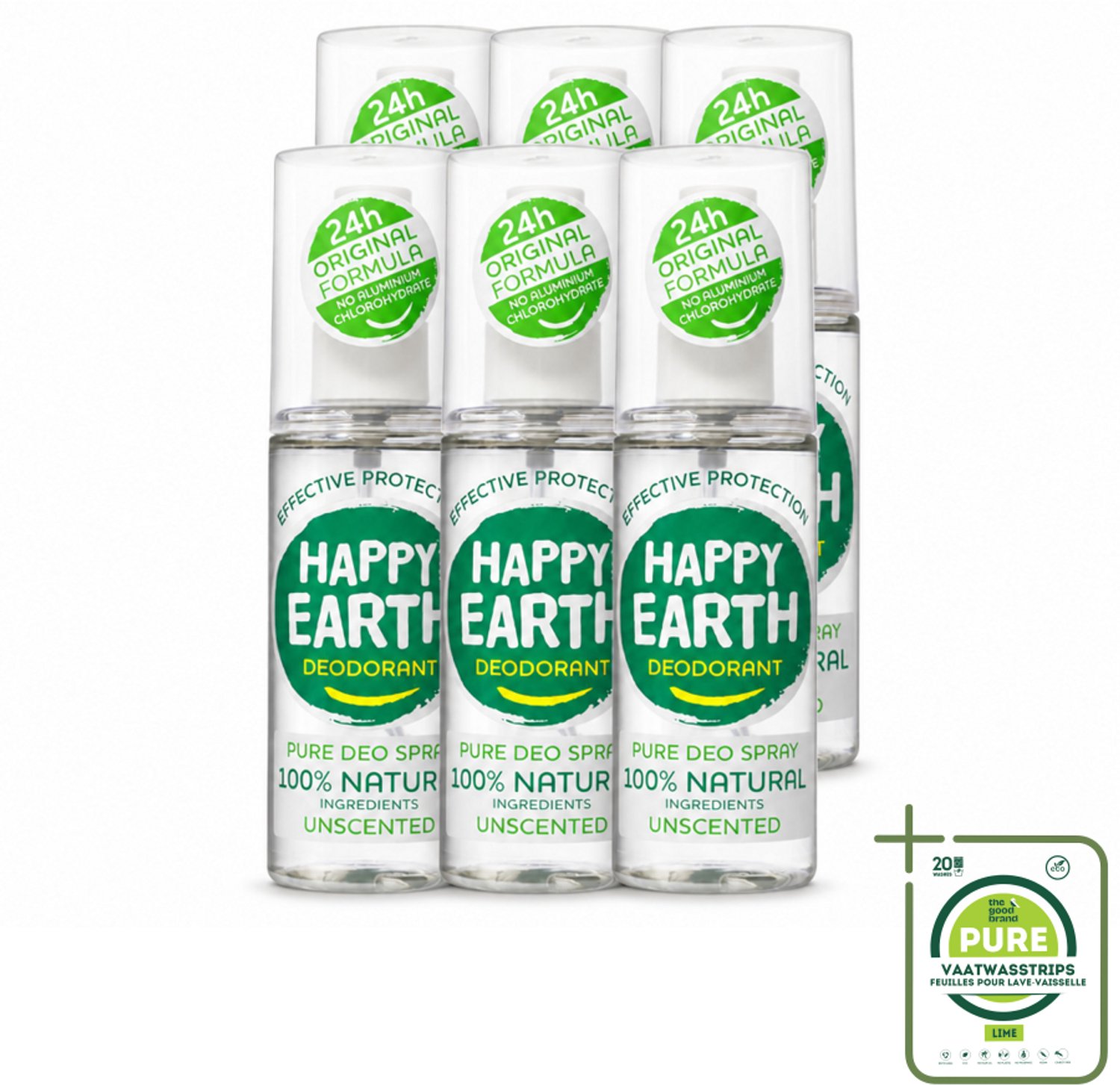 6 x Happy Earth – Deodorant Spray – 100% Natuurlijk Unscented – 100 ml - Grootverpakking - Geurloos Deodorant - Hypoallergene Deodorant - Natuurlijke Deodorant - Deodorant Voor Gevoelige Huid - Mineralen Deodorant