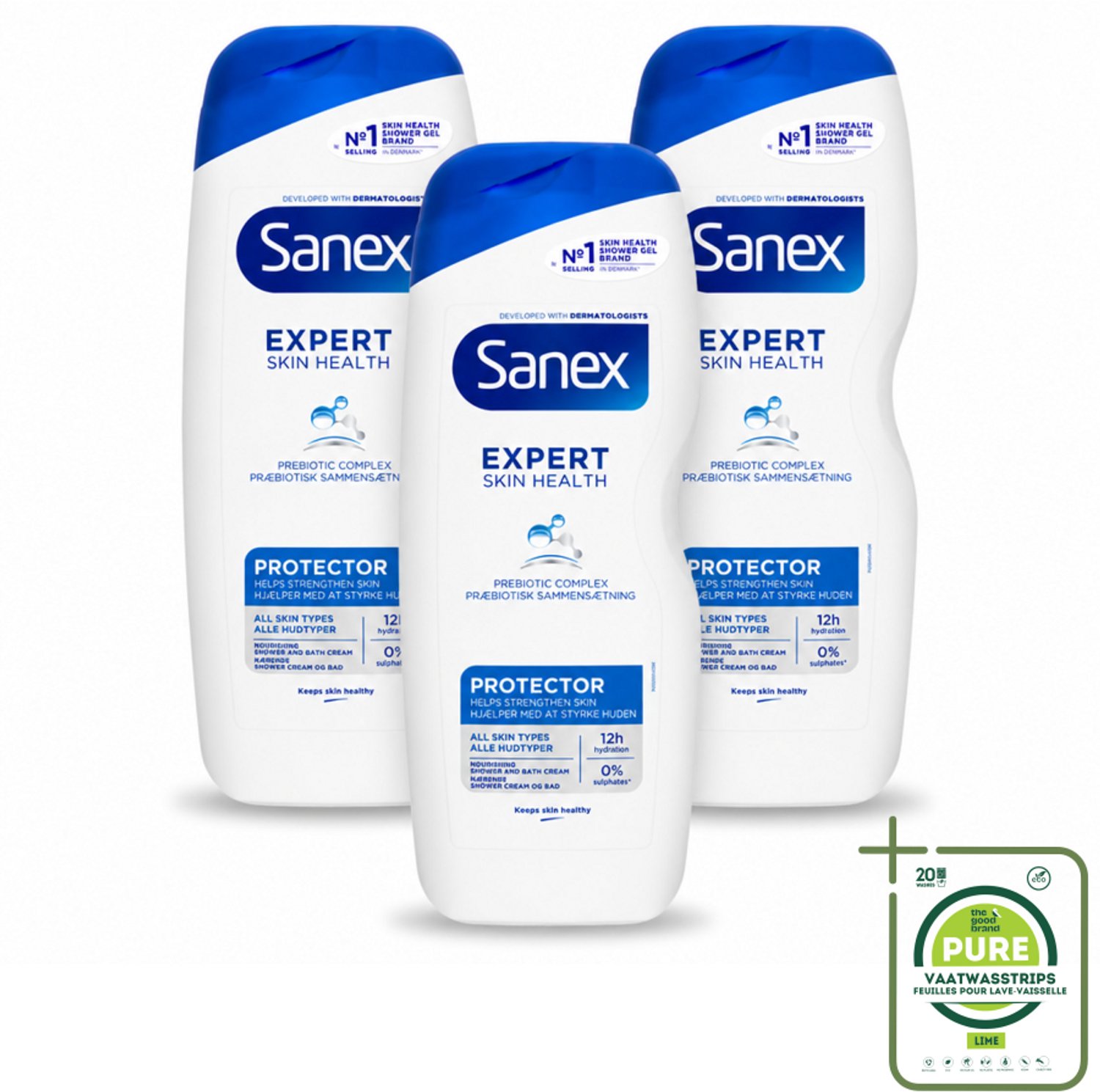 3 x Sanex – Douchegel – Expert Skin Health Protector – 600 ml - Grootverpakking - Vaatwasstrips - Huidversterkend - Huidbarrière - Hydratatie - Pre- En Postbiotica - Gezond Huidmicrobioom