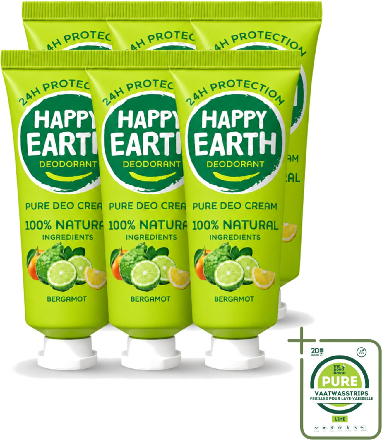 6 x Happy Earth – Deodorant Cream – 100% Natuurlijk Bergamot – 40 ml - Grootverpakking - Natuurlijke Deodorant - Bergamot Deodorant - Aluminiumvrije Deodorant - Vegan Deodorant - Huidvriendelijke Deodorant
