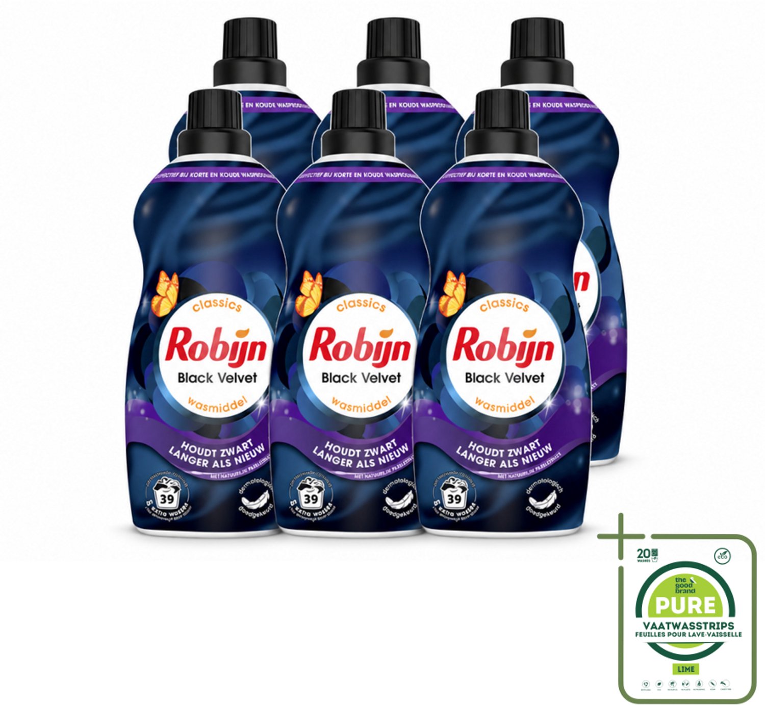 6 x Robijn – Vloeibaar Wasmiddel – Klein & Krachtig Black Velvet – 1,19 L - Grootverpakking - Vaatwasstrips - Zwarte Was - Donker Was - Wasmiddel Zwart - Kleurbehoud - Wasmiddel Donker