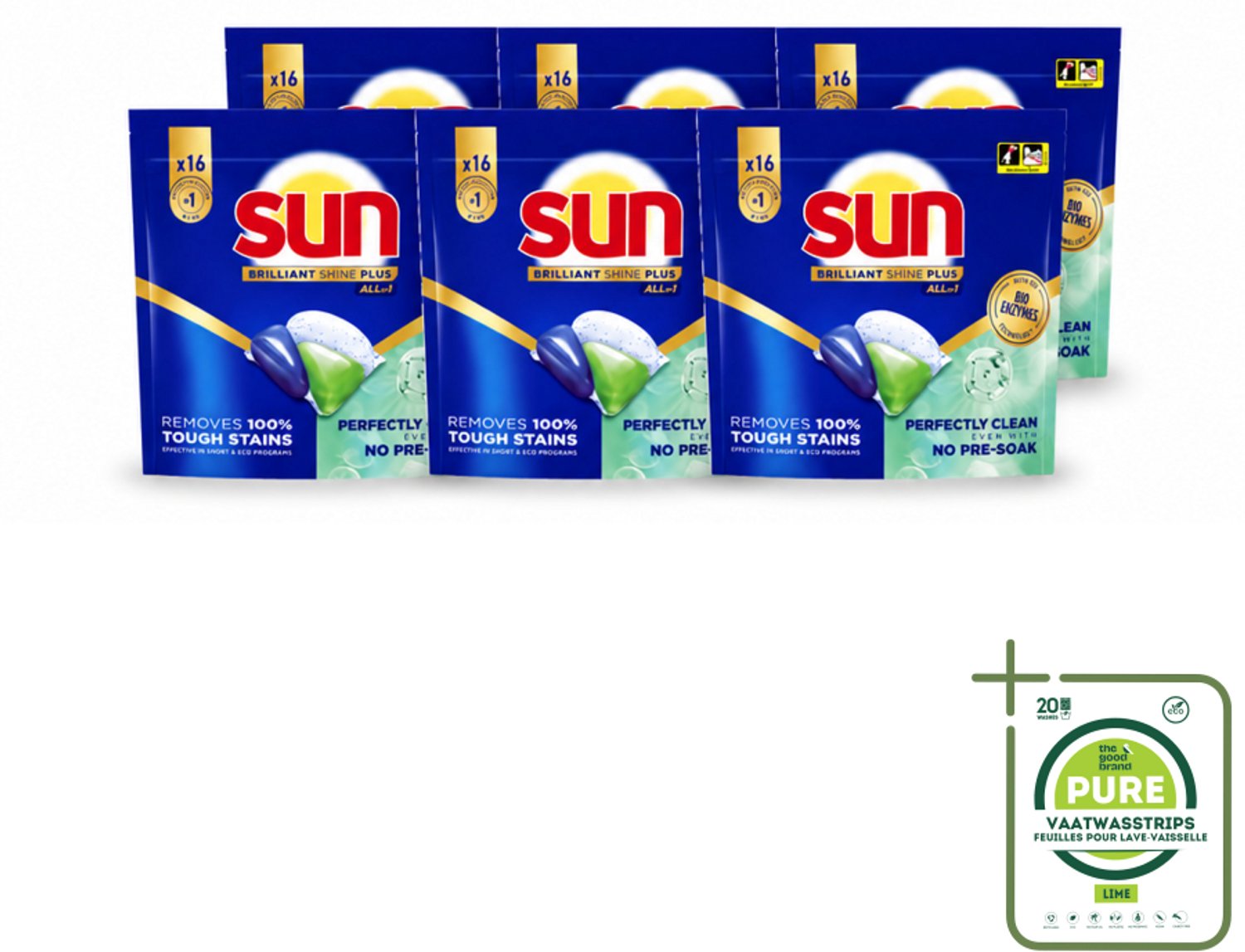 6 x Sun – Vaatwascapsules – Brilliant Shine+ All-in-1 – 16 capsules - Grootverpakking - Vaatwasstrips - Vaatwasmiddel - Vaatwascapsules - Schone Vaat - Glans - Droge Vaat