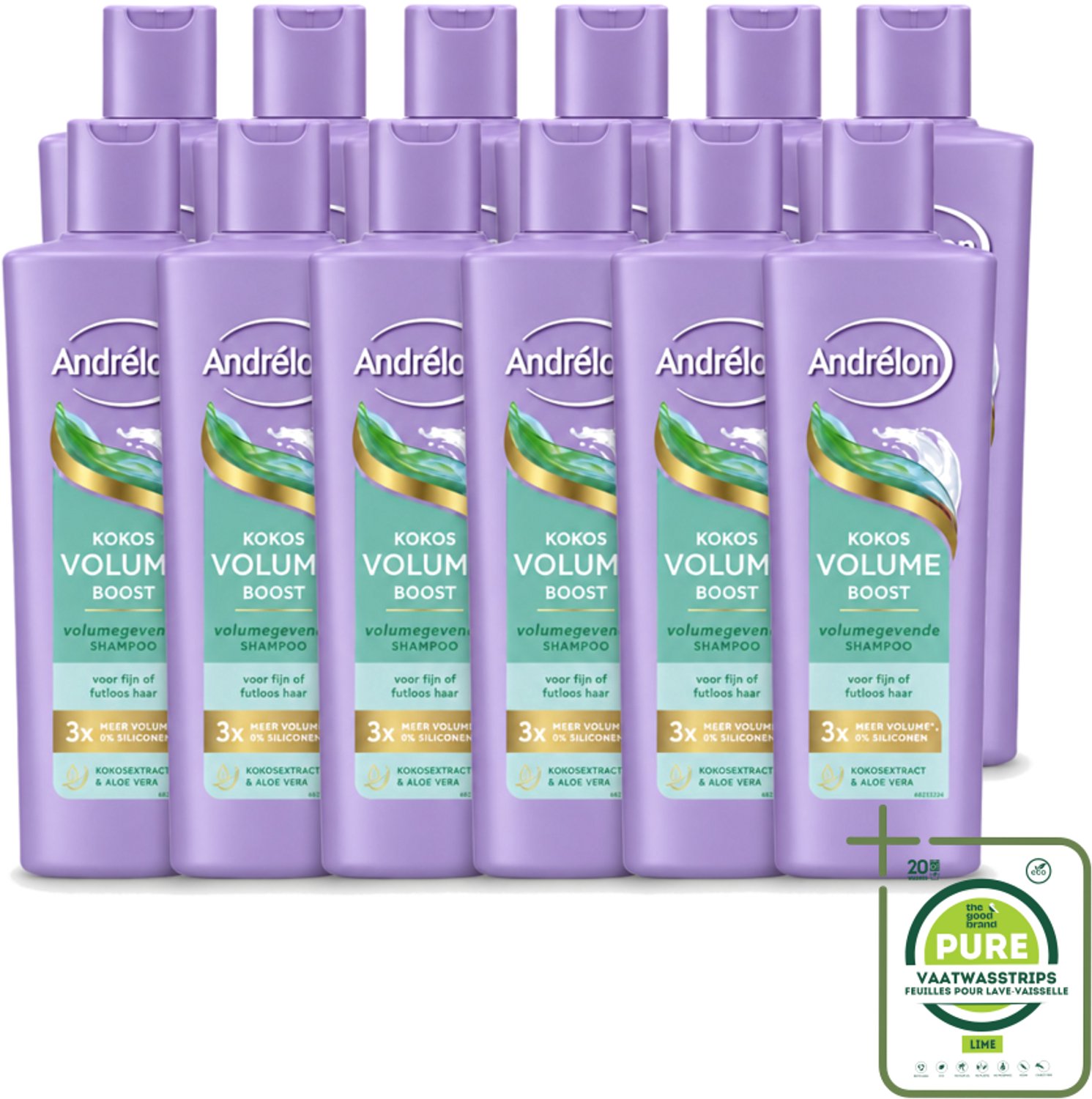 12 x Andrélon – Shampoo – Volume Boost – 250 ml - Grootverpakking - Vaatwasstrips - Haar Volume - Kokos Shampoo - Volume Boost - Fijn Haar - Futloos Haar