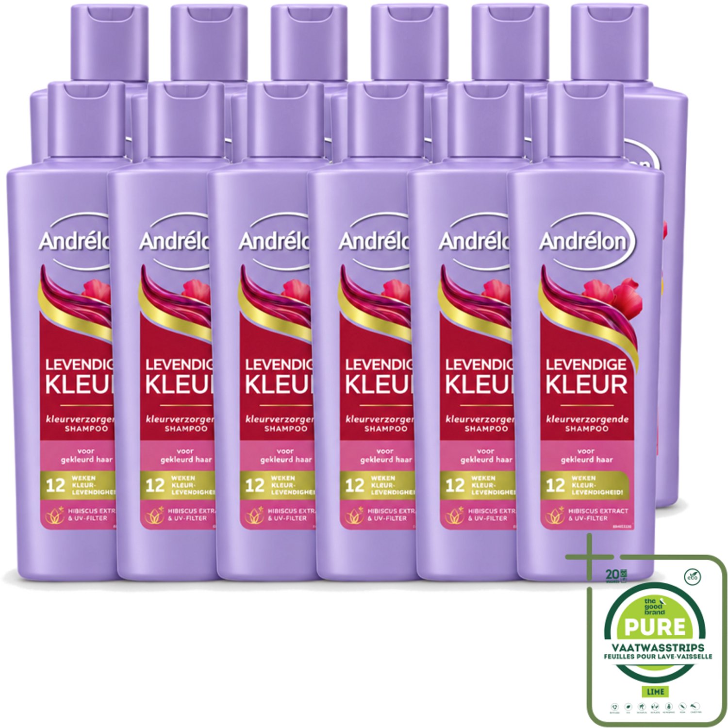 12 x Andrélon – Shampoo – Levendige Kleur – 250 ml - Grootverpakking - Vaatwasstrips - Kleurbehoud Haar - Hibiscus Shampoo - UV-filter Haar - Gezonde Kleur - Stralende Haarkleur