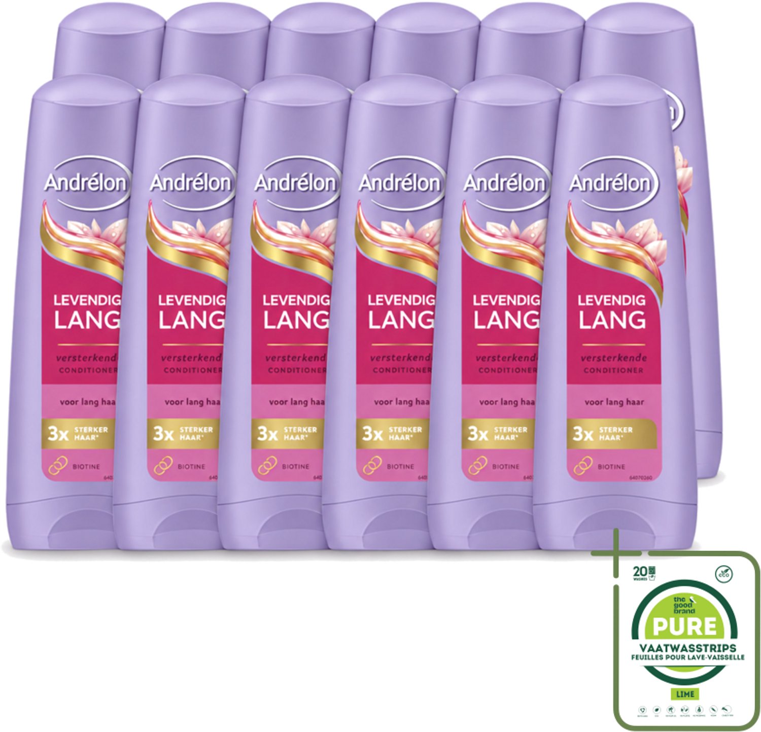 12 x Andrélon – Conditioner – Levendig Lang – 200 ml - Grootverpakking - Vaatwasstrips - Lang Haar Verzorgen - Haar Versterken - Haar Verzorgen - Haar Breuk Voorkomen - Biotine Voor Haar