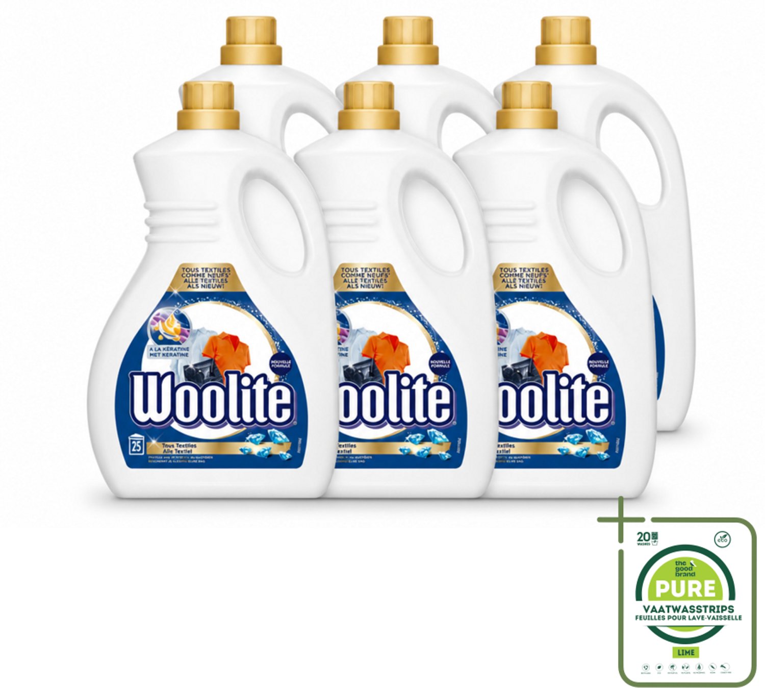 6 x Woolite - Wasmiddel - Vloeibaar Wasmiddel - Alle textiel - 25wb/1,5L - Grootverpakking - Vaatwasstrips - Wasmiddel Voor Textiel - Keratine Wasmiddel - Textiel Verzorging - Pluisvermindering - Wasmiddel Voor Jeans