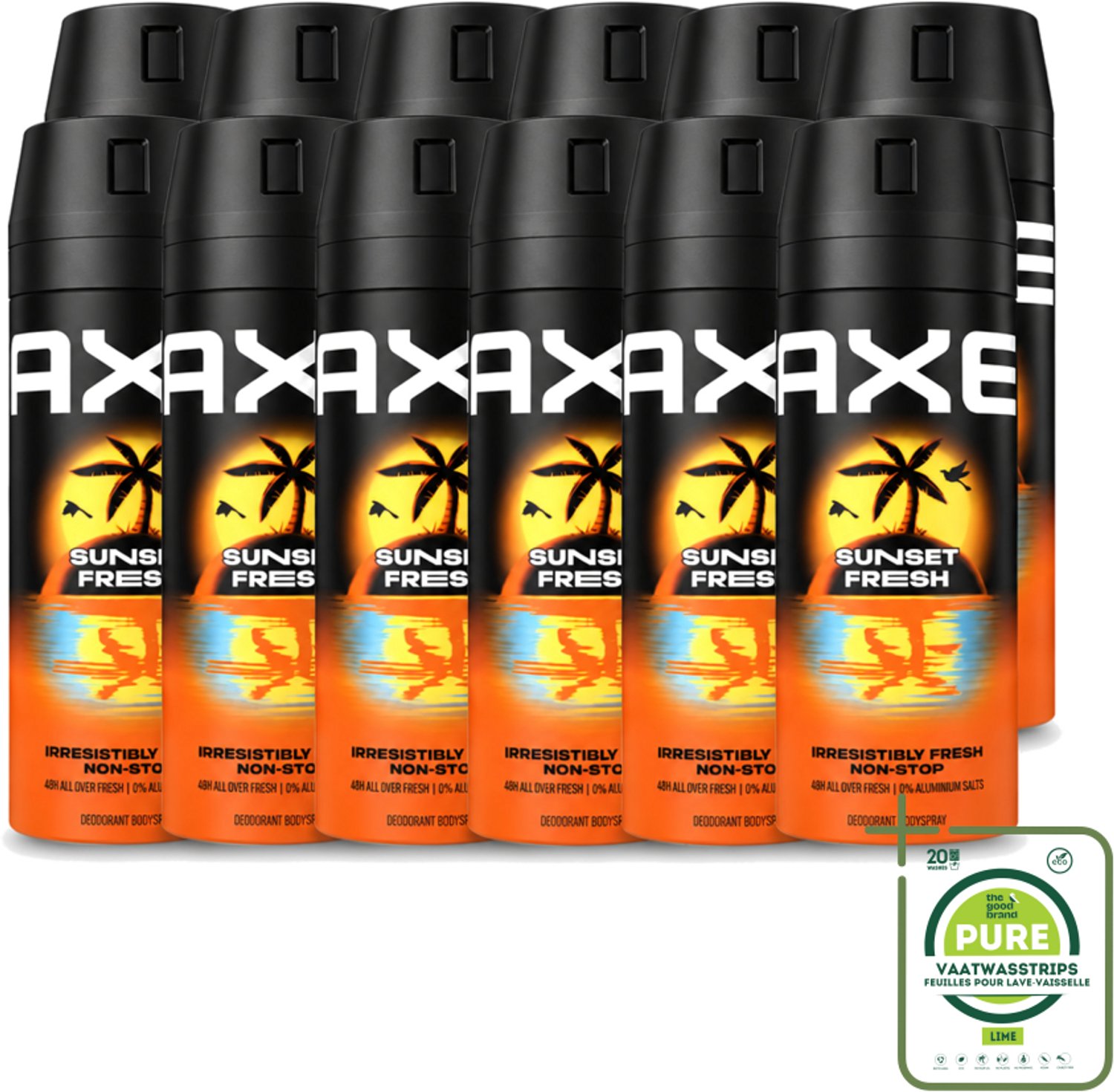 12 x Axe – Deodorant – Sunset Fresh – 150 ml - Grootverpakking - Vaatwasstrips - Frisheid - Lichaamsgeur - Zink - Citrusgeur - Deodorant