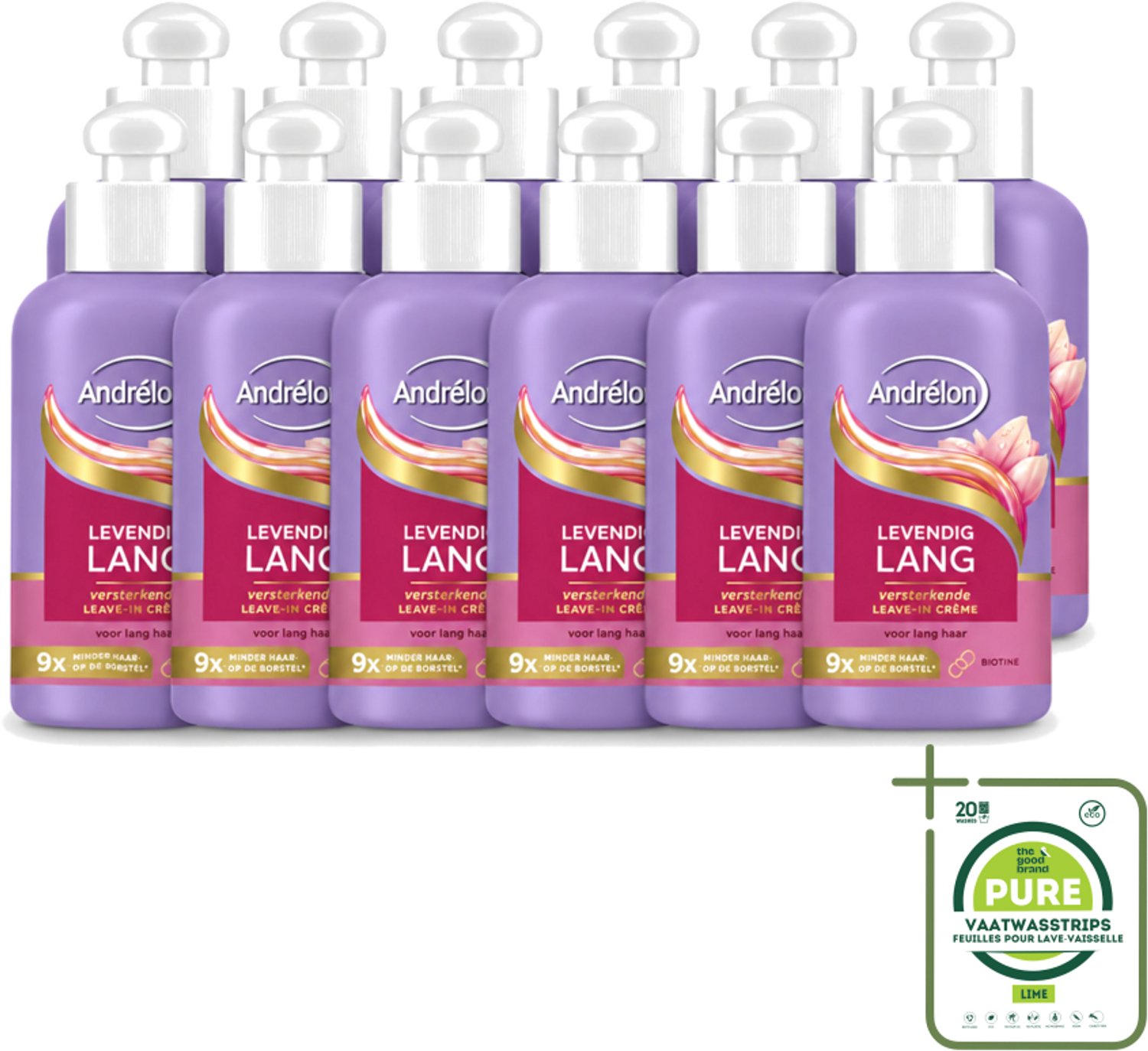 12 x Andrélon – Leave-In Crème – Levendig Lang – 200 ml - Grootverpakking - Vaatwasstrips - Haarbescherming - Haarversterking - Haarbreuk - Biotine - Lang Haar