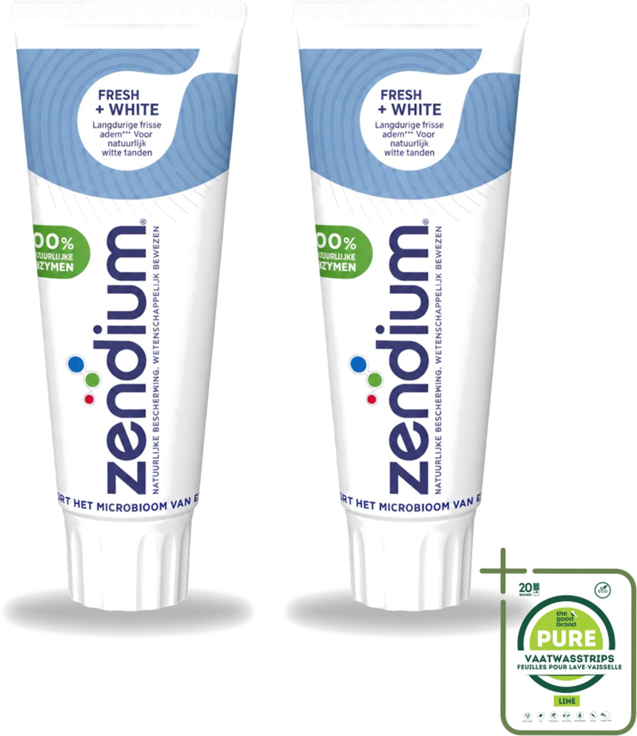 2 x Zendium - Tandpasta - Fresh+ White - 75 ml - Grootverpakking - Vaatwasstrips - Tandpasta - Frisse Adem - Witte Tanden - Enzymen - Fluoride