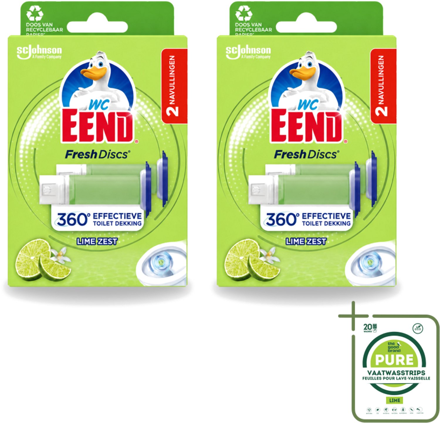 2 x WC Eend – Fresh Discs – Duo Navulling – Lime Zest – 72 ml - Grootverpakking - Vaatwasstrips - Toilet Reinigen - Toilet Hygiëne - Toilet Fris - Toilet Navulling - Toilet Gel Discs