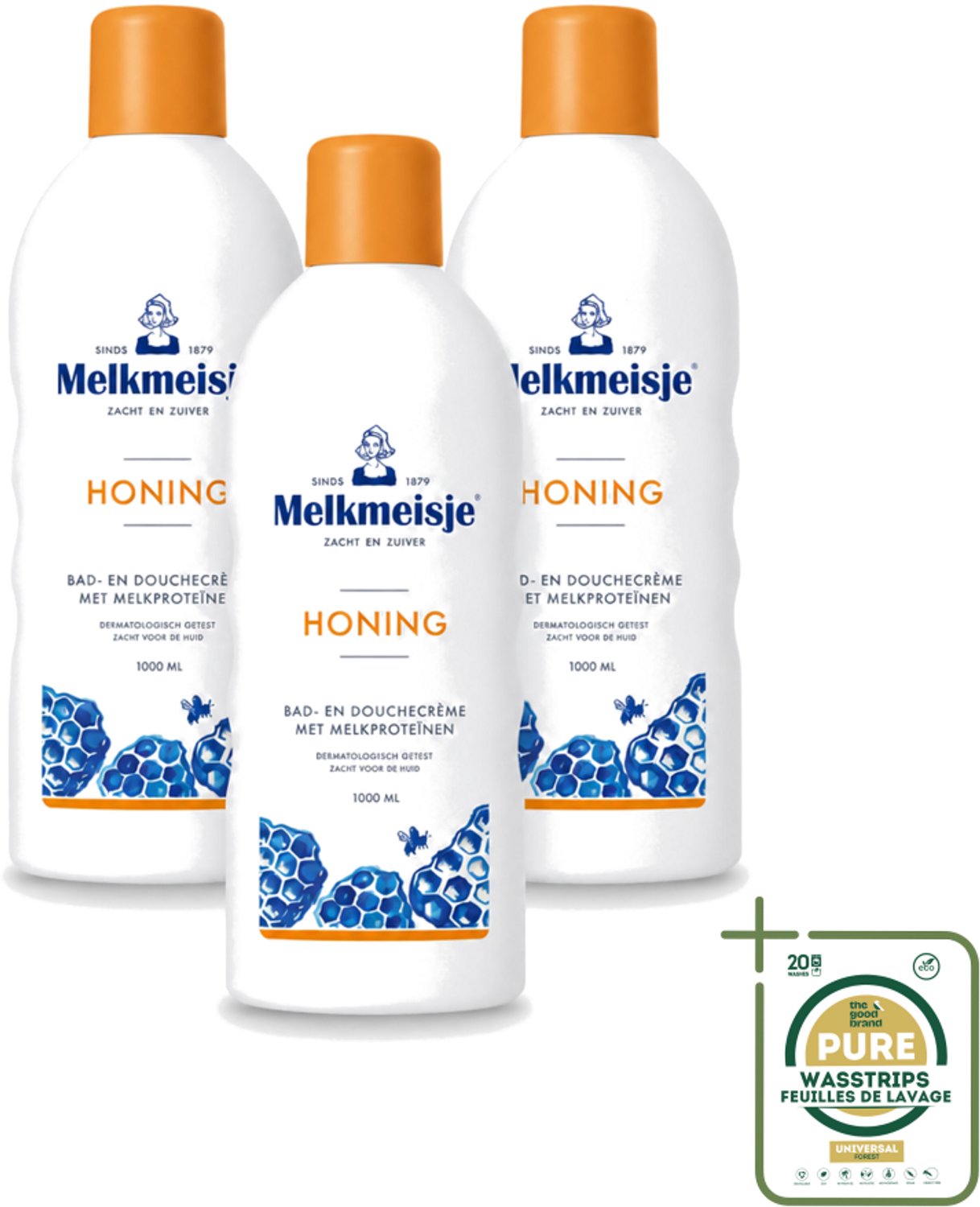 3 x Melkmeisje – Bad & Douche – Honing – 1000 ml - Wasstrips - Bad En Douche Crème - Honing Crème - Voedend Badmiddel - Verzorgend Badmiddel - Honinggeur