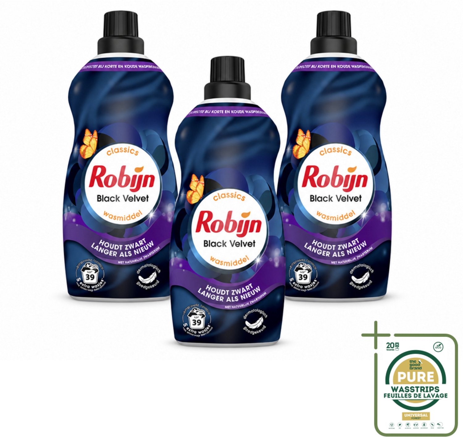 3 x Robijn – Vloeibaar Wasmiddel – Klein & Krachtig Black Velvet – 1,19 L - Wasstrips - Zwarte Was - Donkere Was - Wasmiddel Zwart - Wasmiddel Donker - Kleurbehoud