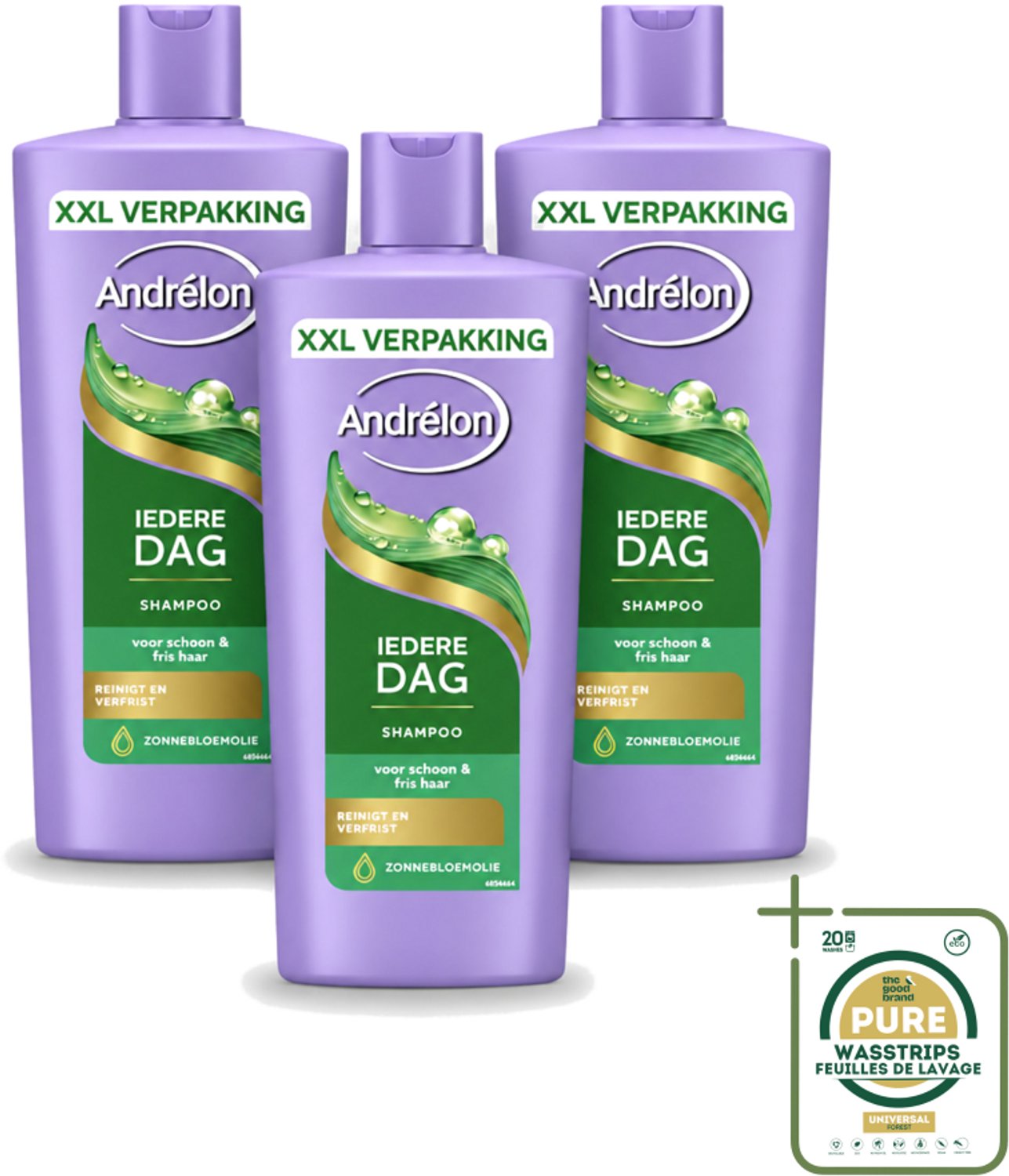 3 x Andrélon – Shampoo – Iedere Dag – 685 ml - Wasstrips - Haarkleur - Haartype - Haarverzorging - Dagelijks Wassen - Zachte Haar
