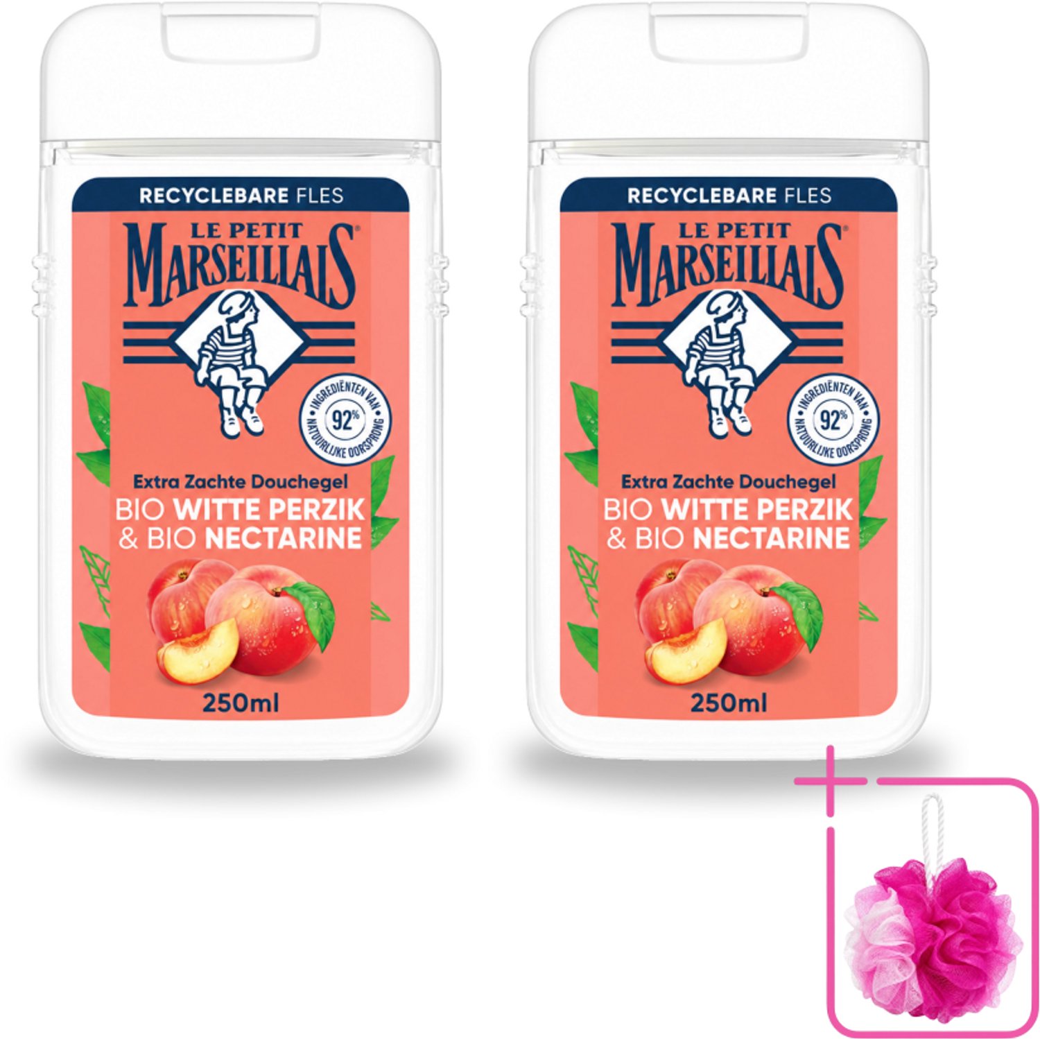 2 x Le Petit Marseillais – Douchegel – Bio Perzik & Nectarine – Verfrissend – 250 ml - Bulkverpakking - Douchegel bio perzik en nectarine - Douchemop - Frisse douchegel