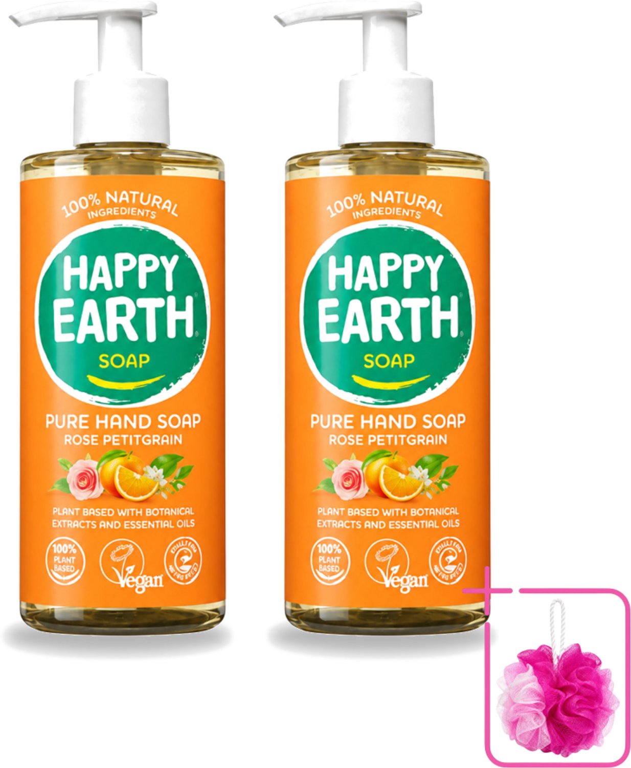 2 x Happy Earth – Handzeep – 100% Natuurlijk Rose Petitgrain – 300 ml - Bulkverpakking - Natuurlijke handzeep - Douchemop - Vegan handzeep