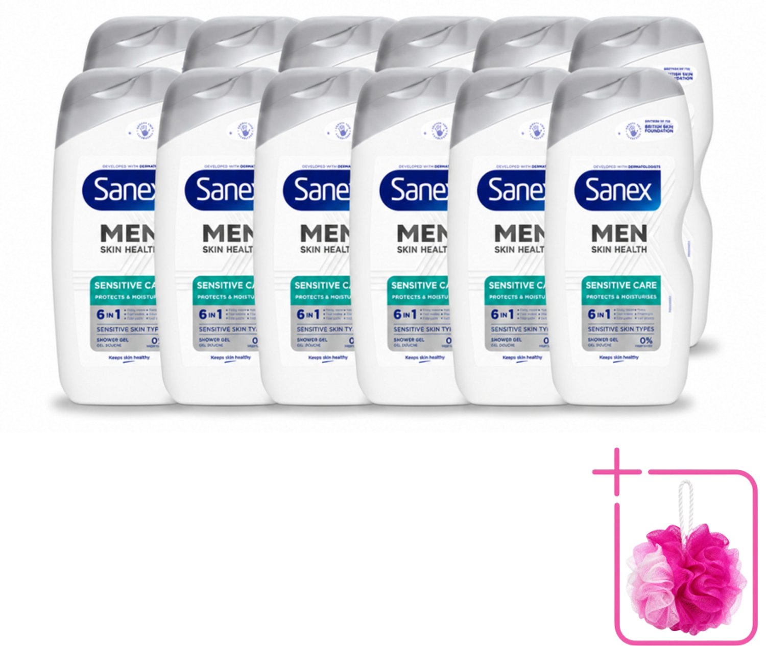 12 x Sanex – Douchegel – Men Sensitive – 400 ml - Bulkverpakking - Gevoelige mannenhuid - Douchemop - Douchegel