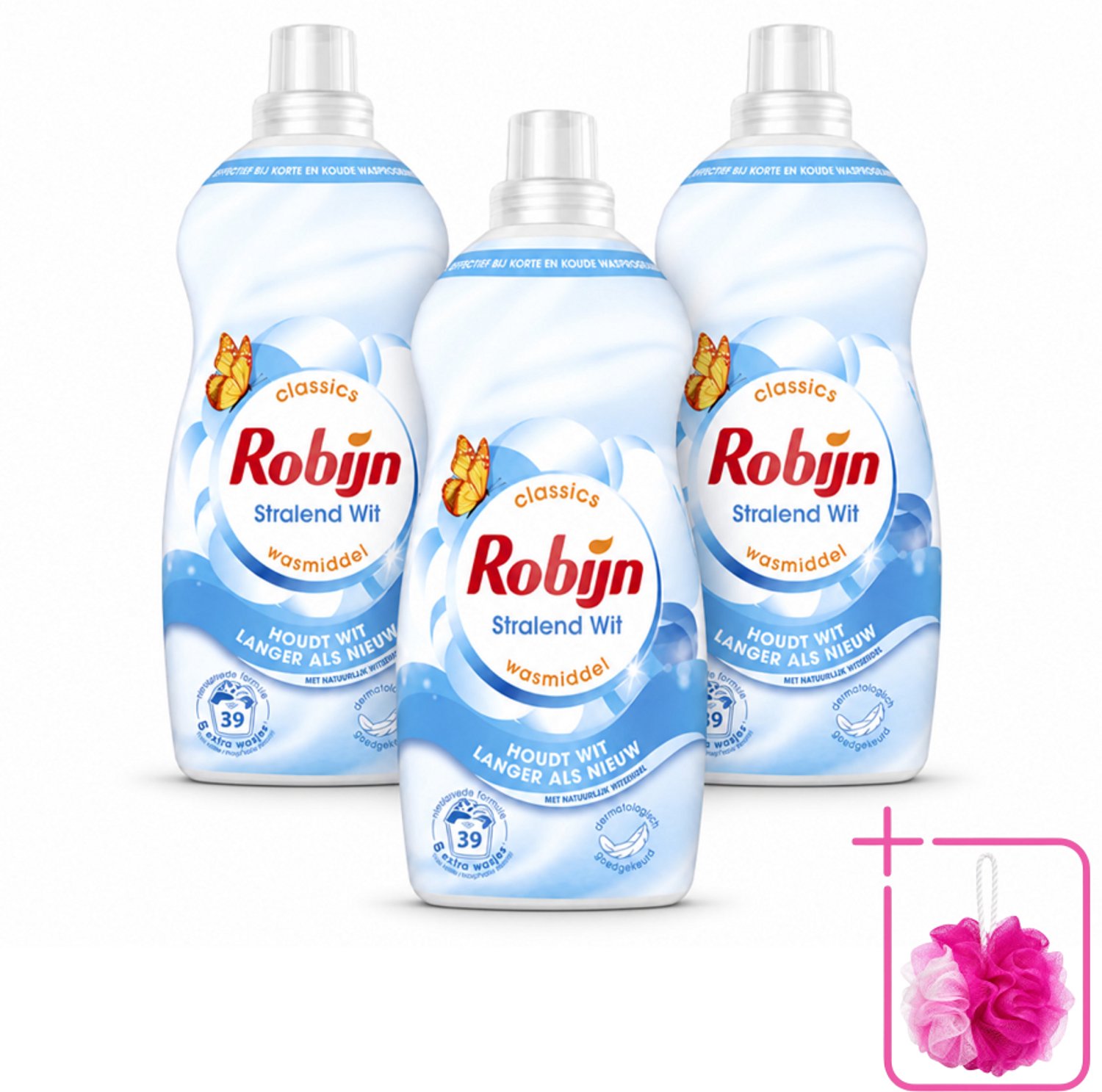 3 x Robijn – Vloeibaar Wasmiddel – Klein & Krachtig Stralend Wit – 1,19 L - Bulkverpakking - Wit wasmiddel - Douchemop - Wit en licht was