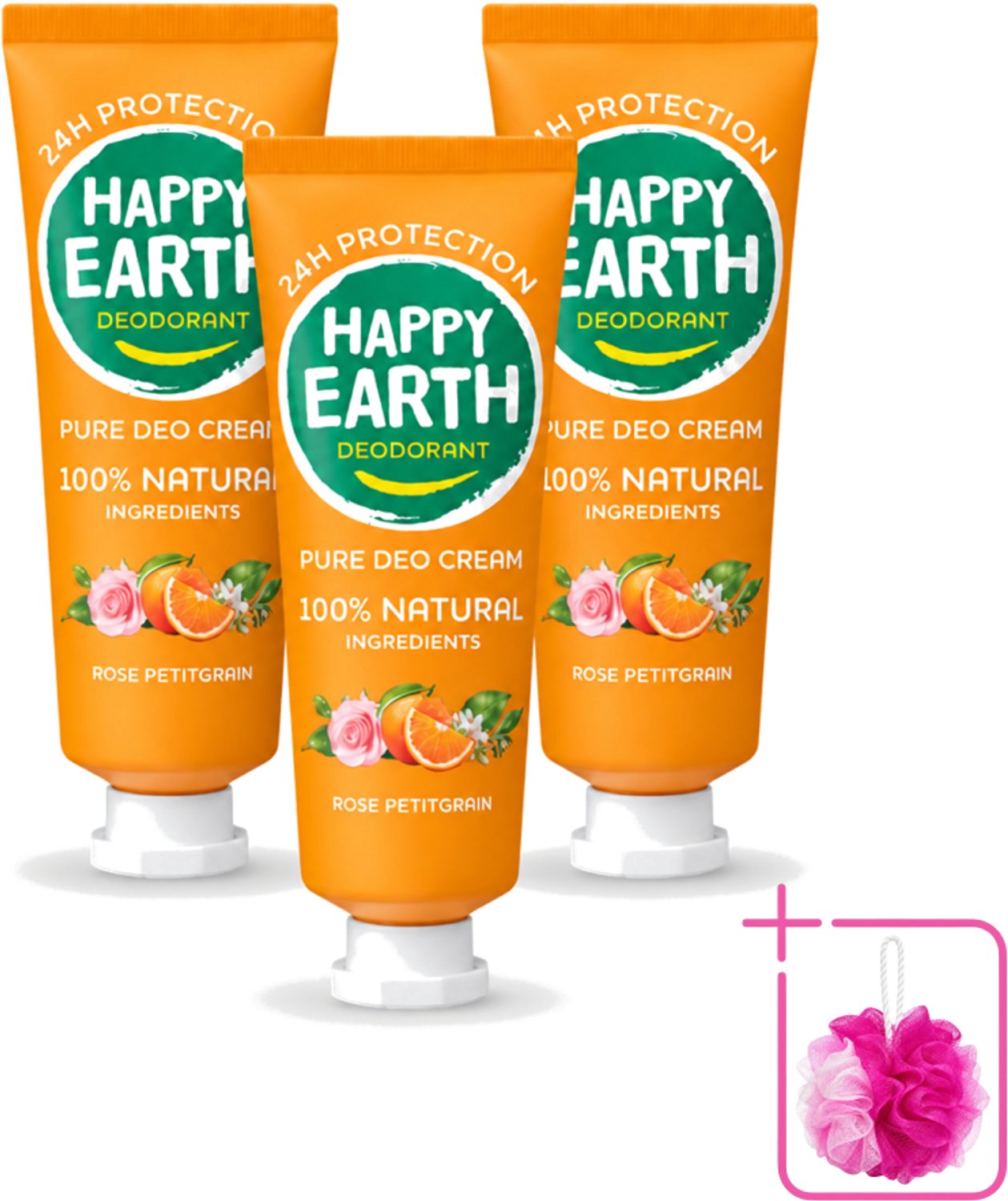 3 x Happy Earth – Deodorant Cream – 100% Natuurlijk Rose Petitgrain – 40 ml - Bulkverpakking - Natuurlijke deodorant - Deodorant crème