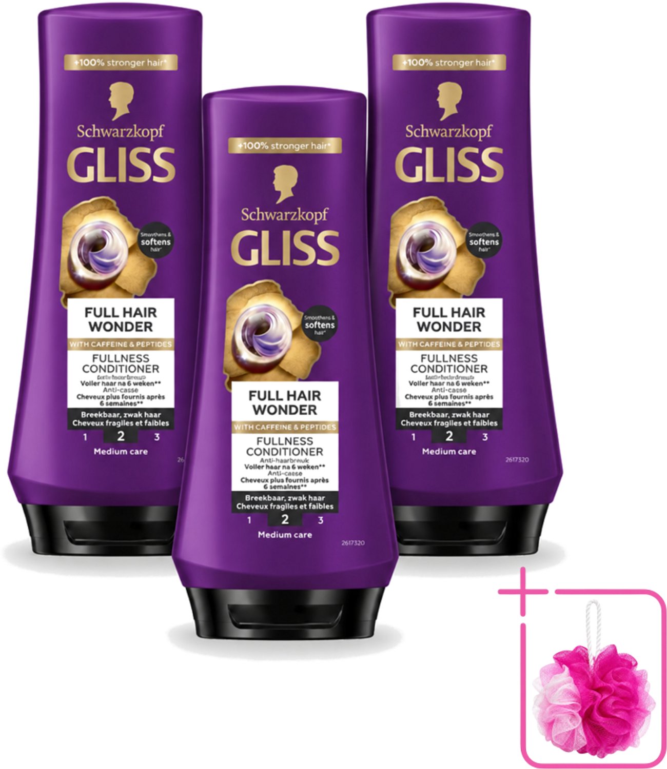 3 x Gliss Conditioner Full Hair Wonder - 200 ml - Bulkverpakking - Haarversterking - Douchemop - Volume
