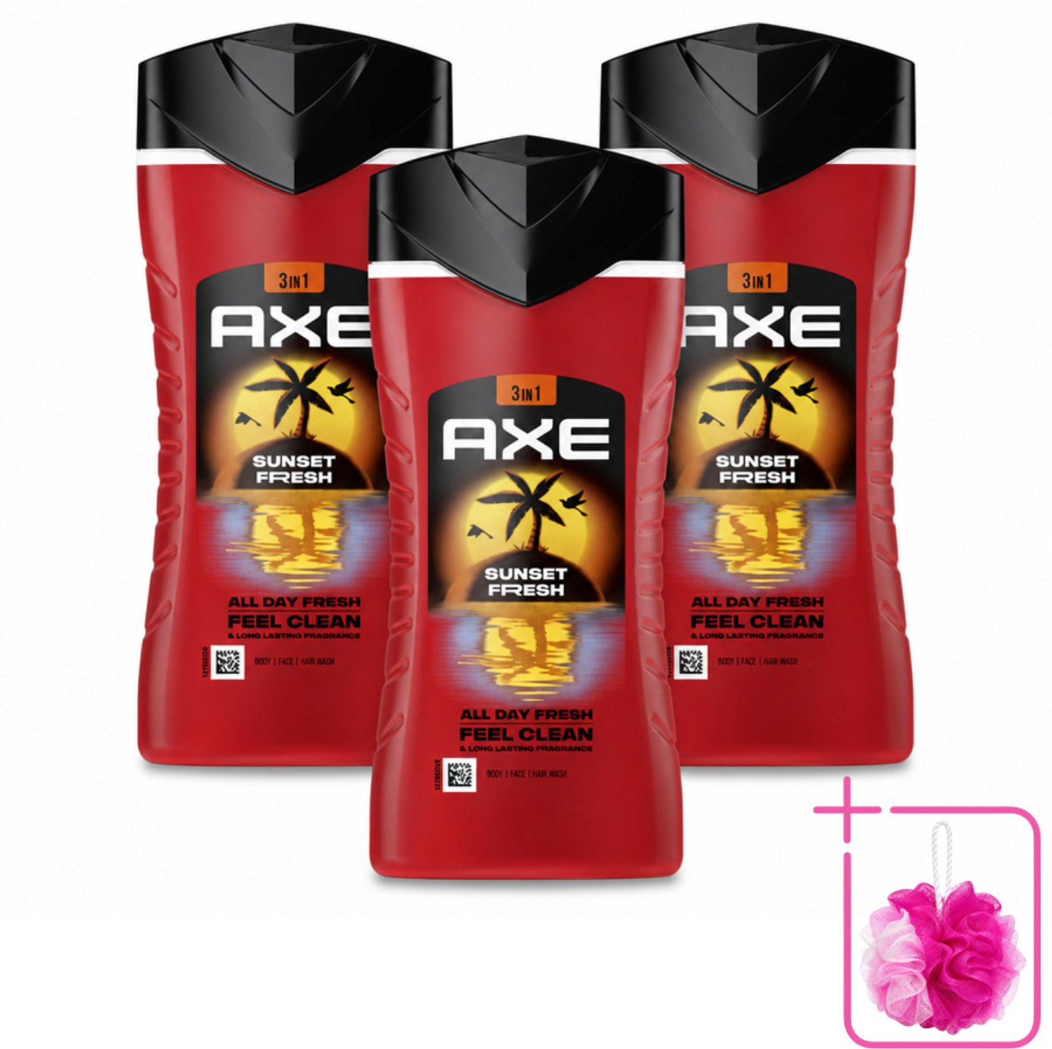 3 x Axe – Douchegel 3-in-1 – Sunset Fresh – 250 ml - Bulkverpakking - Douchegel - Douchemop - Frisheid