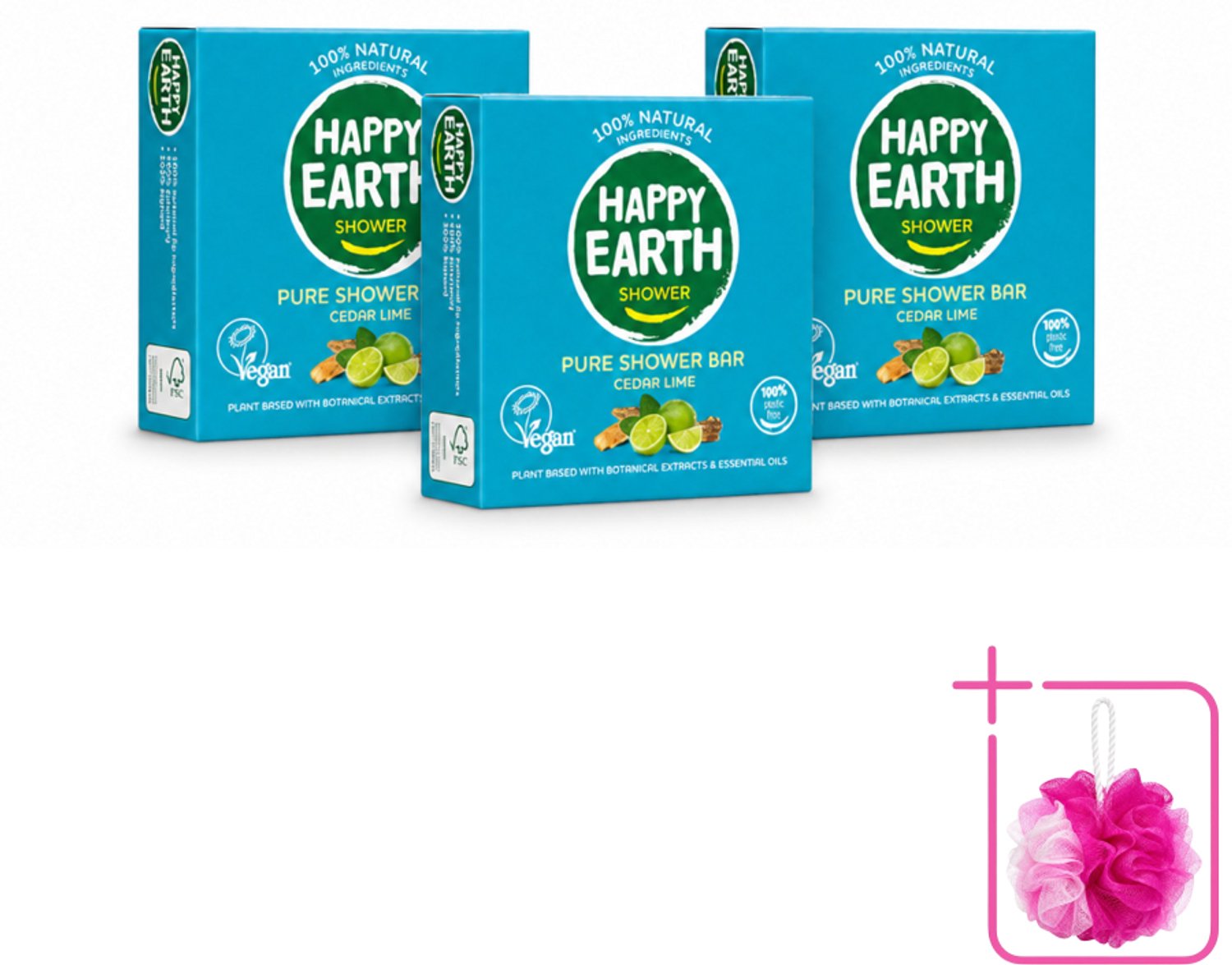 3 x Happy Earth – Shower Bar – 100% Natuurlijk Cedar Lime – 90 g - Bulkverpakking - Douchebar - Douchemop - Natuurlijke douche