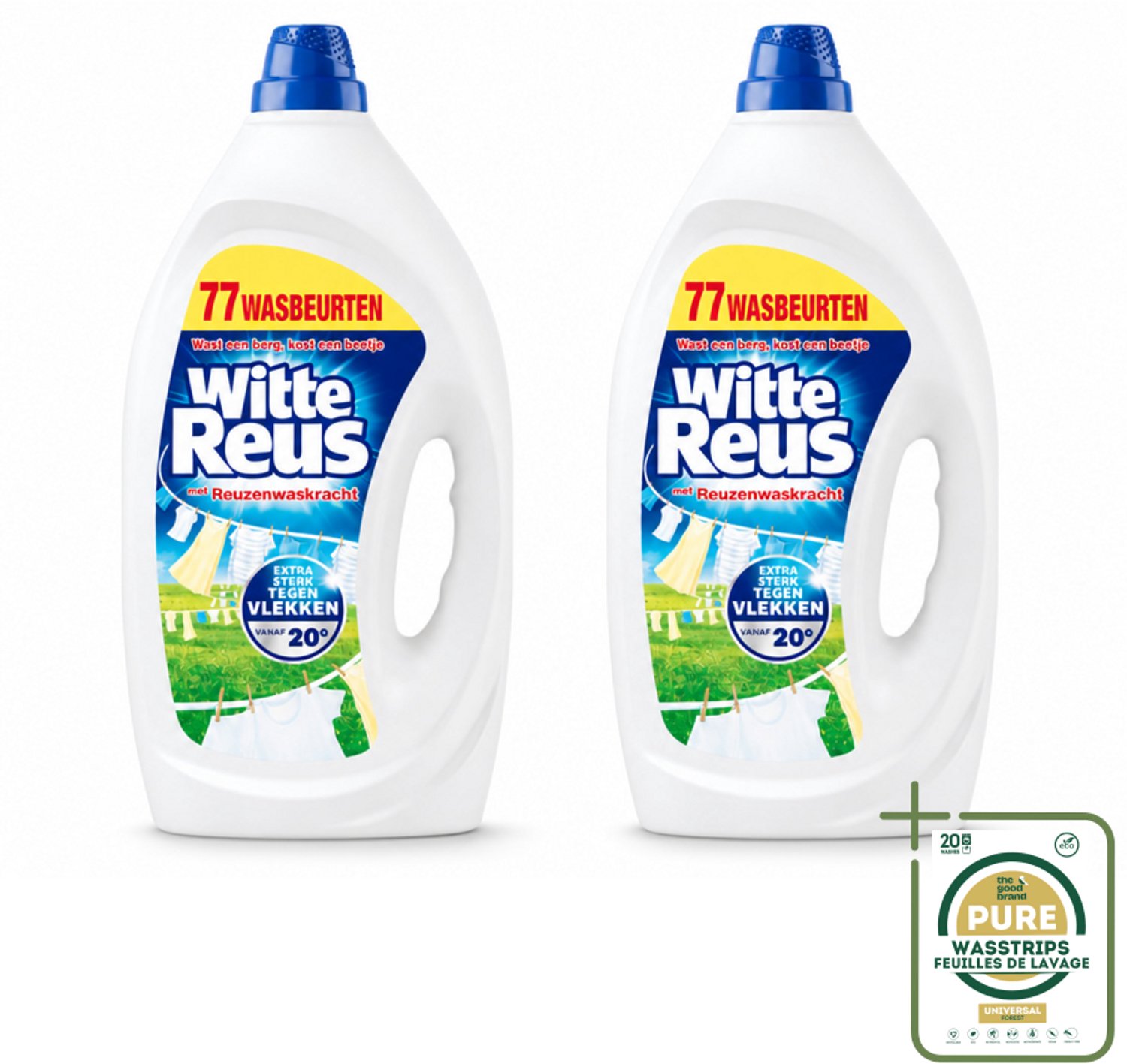 2 x Witte Reus - Vloeibaar Wasmiddel - Witte Was - 77 Wasbeurten - Wasstrips - Witte Was - Vloeibaar Wasmiddel - Vlekken Verwijderen - Was Kracht - Was Vanaf 20°C