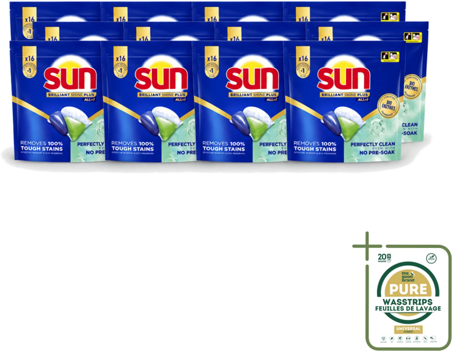 12 x Sun – Vaatwascapsules – Brilliant Shine+ All-in-1 – 16 capsules - Wasstrips - Vaatwasmiddel - Vaatwascapsules - Schone Vaat - Glans - Droge Vaat