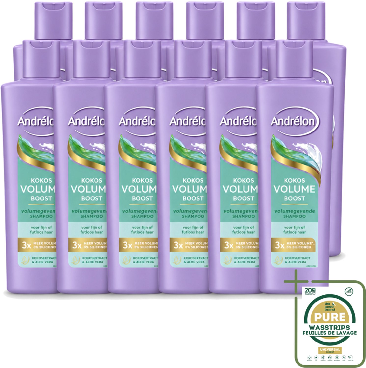 12 x Andrélon – Shampoo – Volume Boost – 250 ml - Wasstrips - Haar Volume - Volume Shampoo - Kokos Shampoo - Aloë Vera Shampoo - Fijn Haar