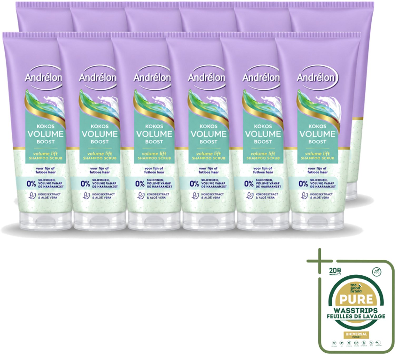 12 x Andrélon – Shampoo Scrub – Kokos Volume Boost – 200 ml - Wasstrips - Haarvolume - Kokos Shampoo - Haarverzorging - Exfoliatie - Fris Haar