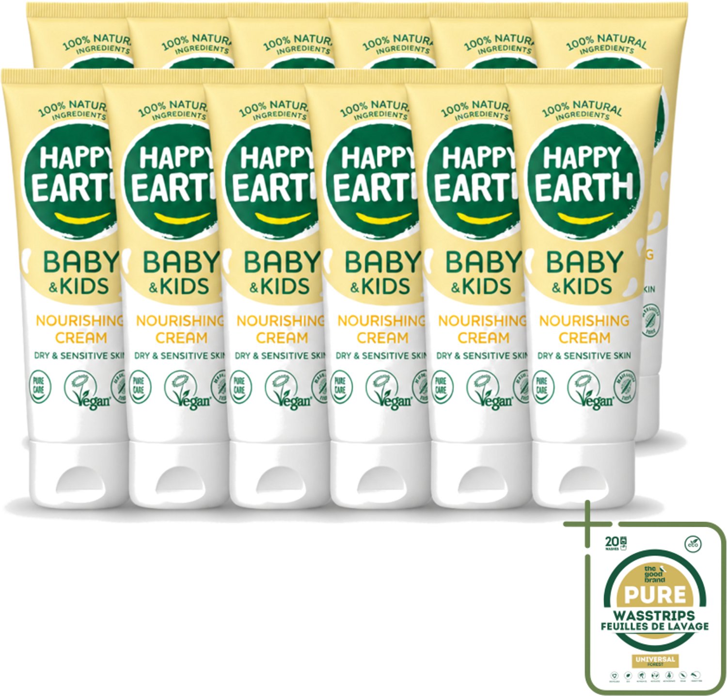 12 x Happy Earth – Nourishing Cream – 100% Natuurlijk Baby & Kids – 75 ml - Wasstrips - 100% Natuurlijke Crème - Babyhuid Verzorging - Gevoelige Huid Verzorging - Droge Huid Verzorging - Sheaboter Crème
