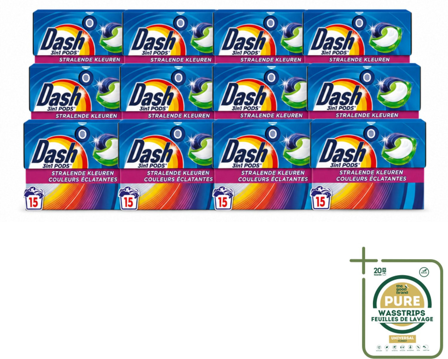 12 x Dash – Wasmiddelcapsules – 3in1 Pods Stralende Kleuren – 15 capsules - Wasstrips - Wasmiddelcapsules - Kleuren Behouden - Vlekken Verwijderen - Frisheid - 3 In 1 Wasmiddel