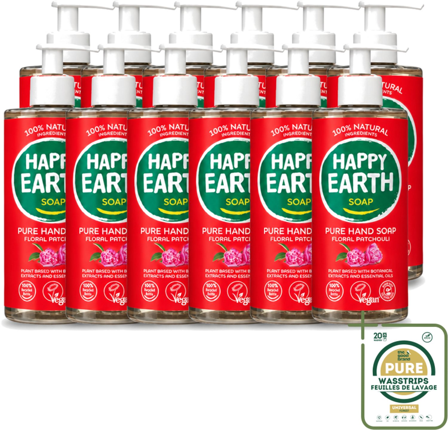 12 x Happy Earth – Handzeep – 100% Natuurlijk Floral Patchouli – 300 ml - Wasstrips - Handzeep - Natuurlijke Handzeep - Vegan Handzeep - Antibacterieel Handzeep - Patchouli Handzeep