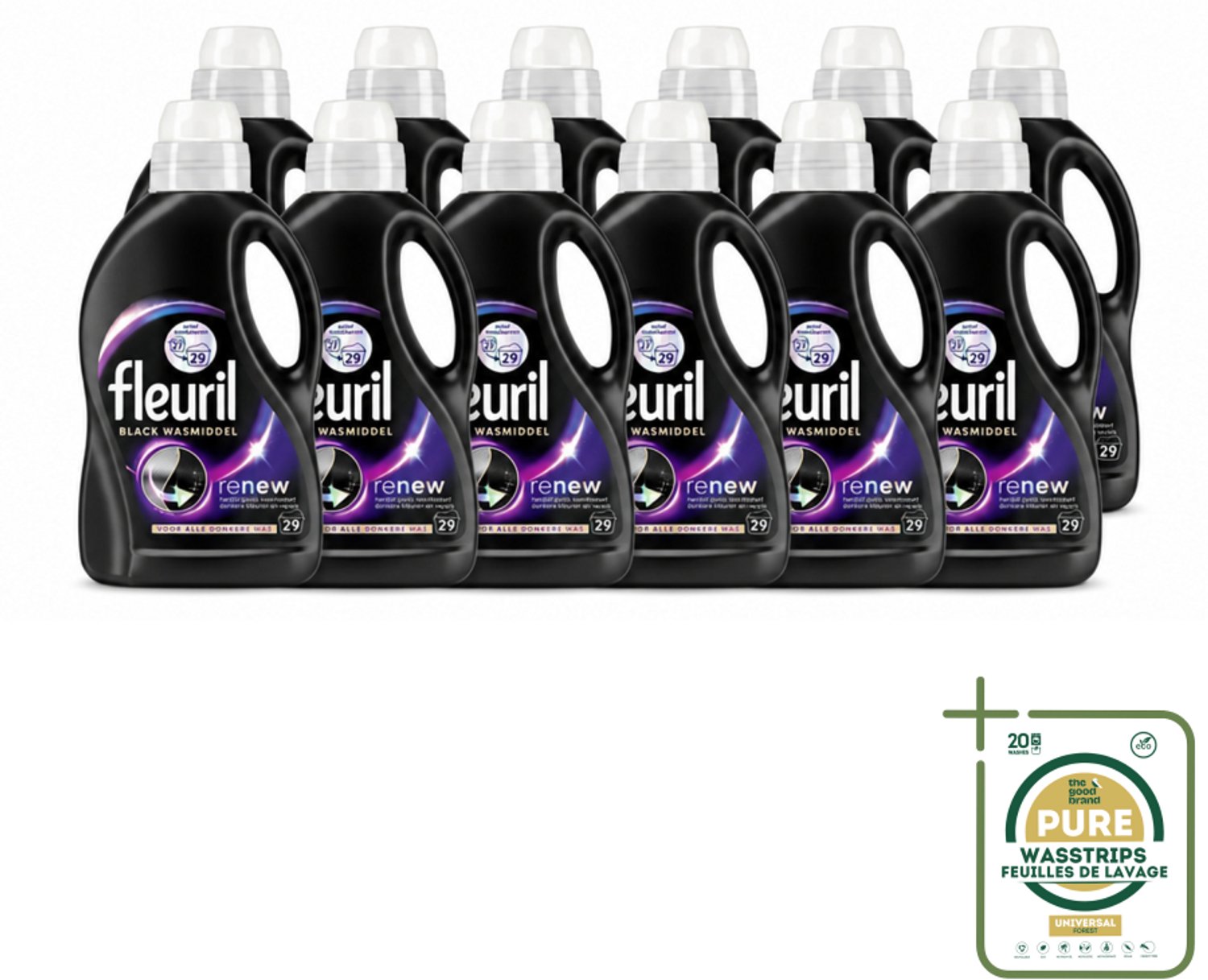 12 x Fleuril – Wasmiddel - Black – 29 wasbeurten – 1,305 L - Wasstrips - Wasmiddel Zwart - Kleurbehoud - Donkere Kleding - Anti-verkleuring - Wasmiddel Voor Zwart