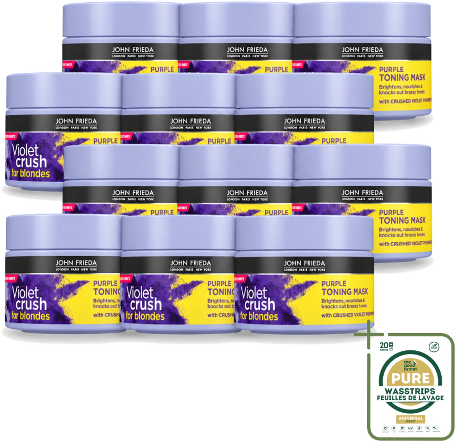 12 x John Frieda – Haarmasker – Violet Crush Purple Toning – Neutraliseert gele tonen – 250 ml - Haarmasker - Gele Tonen Neutraliseren - Koele Blonde Kleur - Blond Haar Verzorging - Haar Tonen